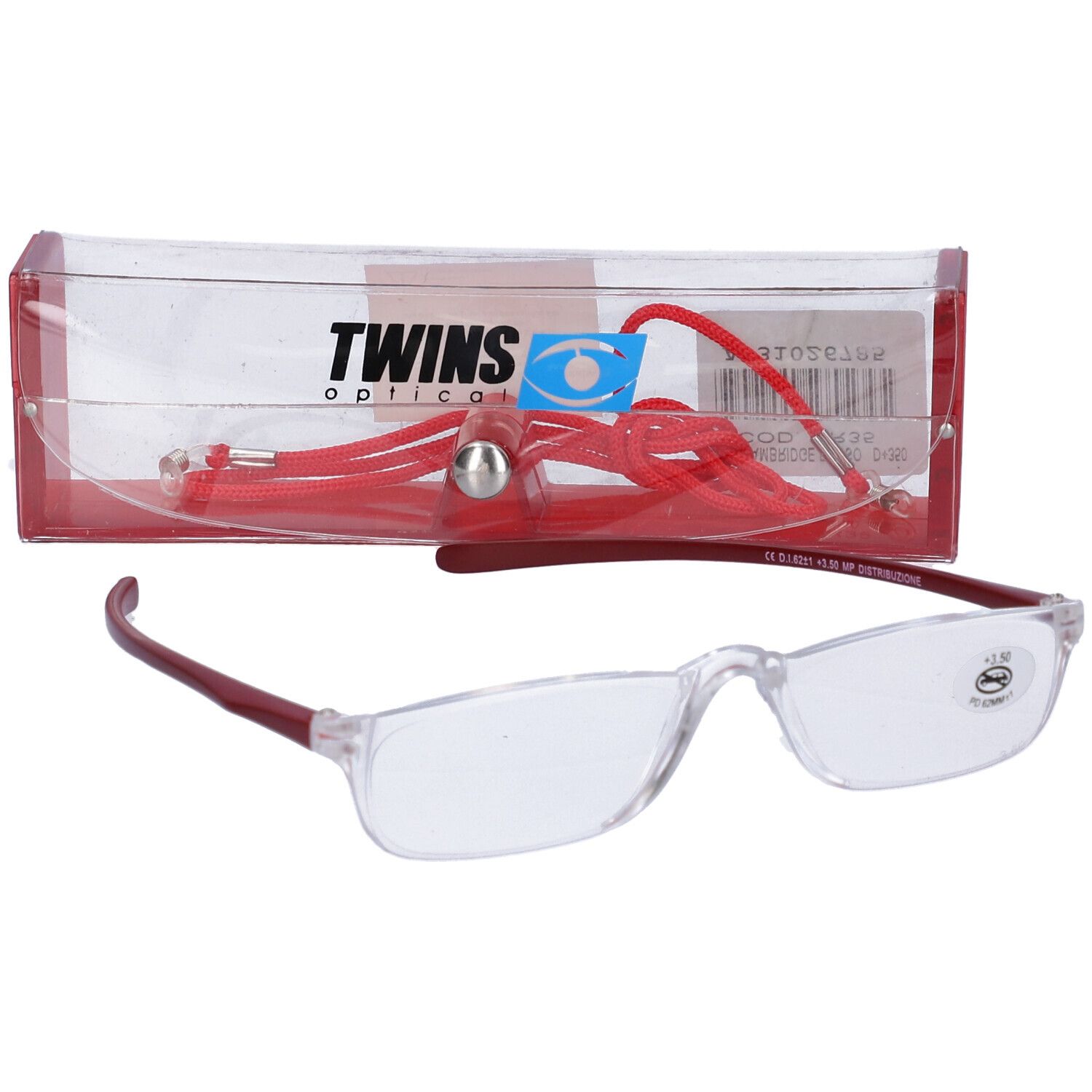 Occhiali con montatura trasparente, aste rosse e custodia. Cordino rosso. "TWINS OPTICAL" sulla custodia.