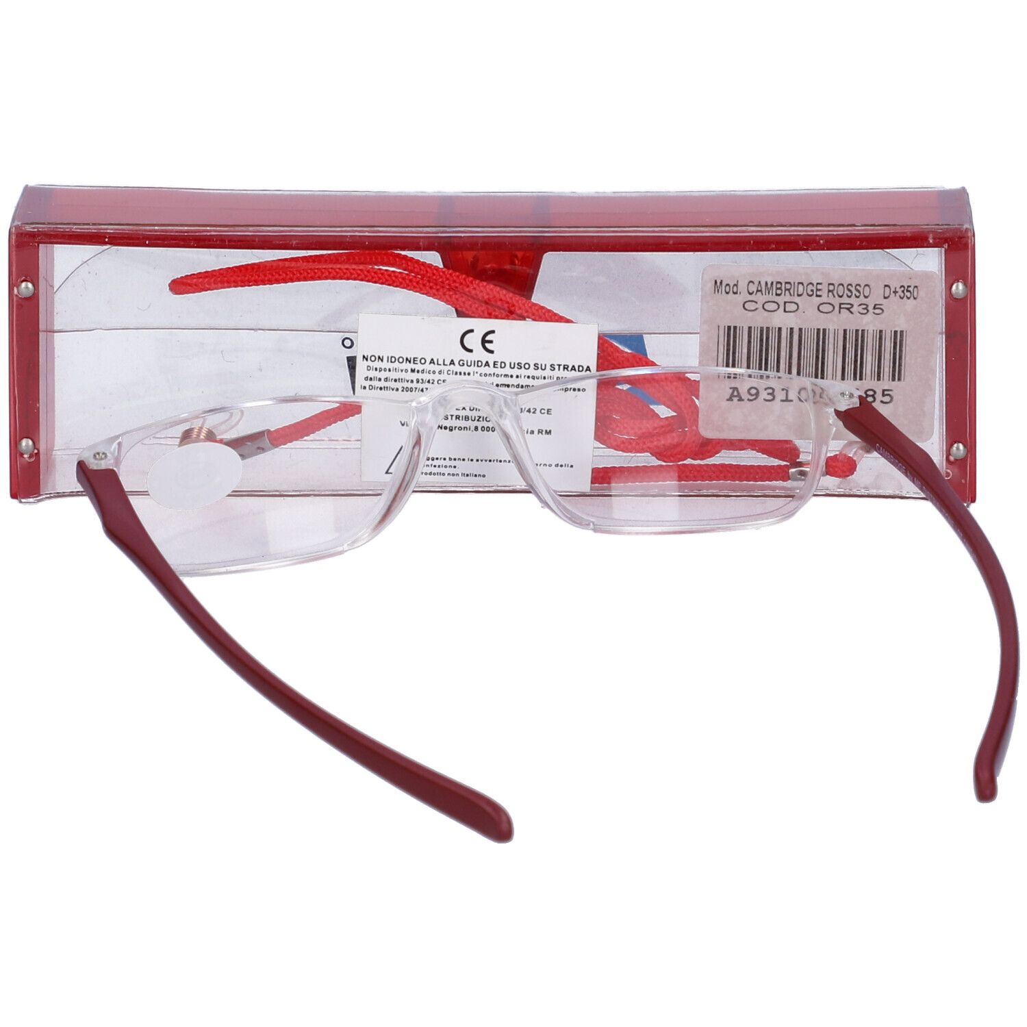 Occhiali con montatura trasparente e aste rosse. Custodia rossa con testo. "CAMBRIDGE ROSSO D+350" sulla custodia.