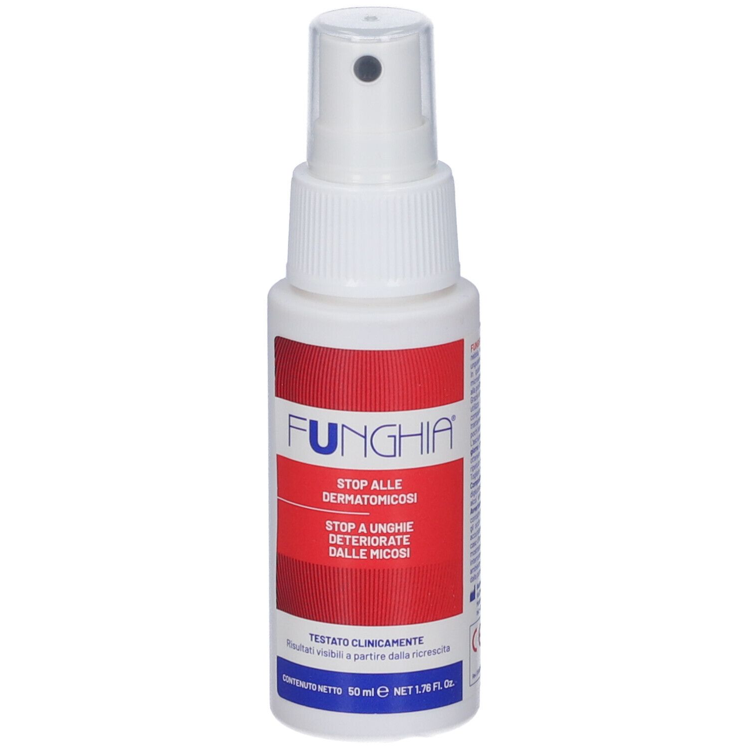 Flacone spray bianco FUNGHIA. Etichetta rossa con testo: Stop alle dermatomicosi, Stop a unghie deteriorate dalle micosi. 50 ml.