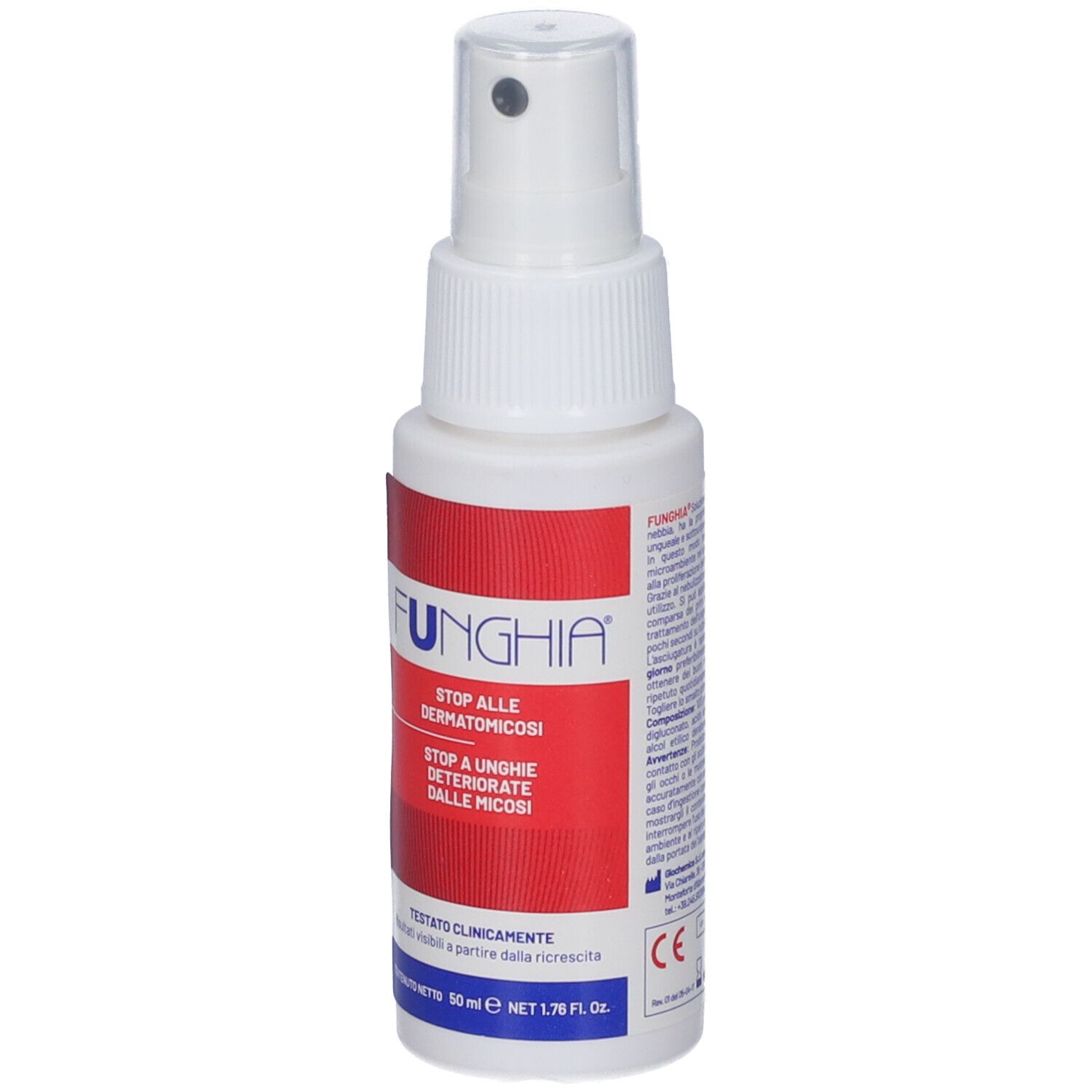 Flacone spray bianco FUNGHIA. Etichetta rossa con testo: Stop alle dermatomicosi, Stop a unghie deteriorate dalle micosi. 50 ml.