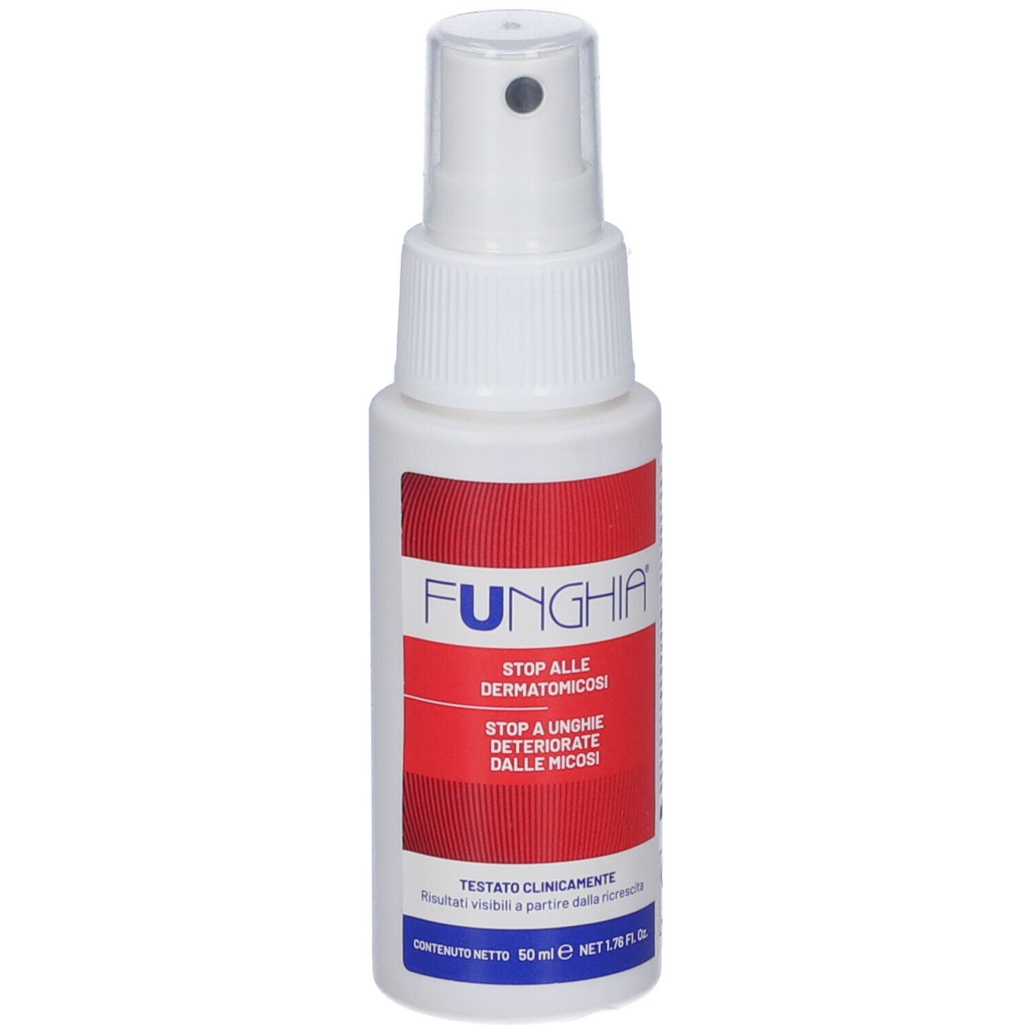 Flacone spray bianco FUNGHIA. Etichetta rossa con testo: Stop alle dermatomicosi, Stop a unghie deteriorate dalle micosi. 50 ml.