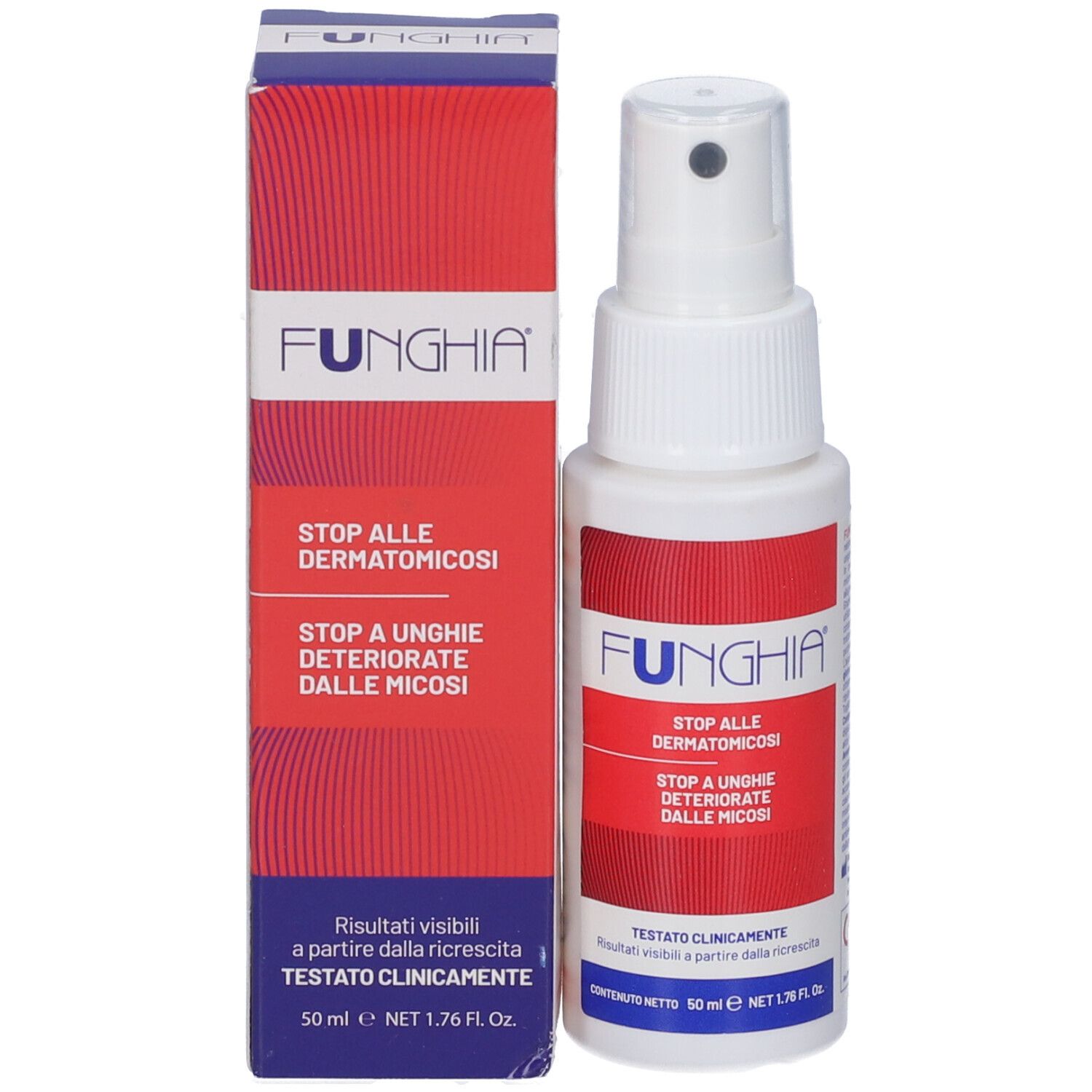 Flacone spray bianco e scatola FUNGHIA. Etichetta rossa con testo: Stop alle dermatomicosi, Stop a unghie deteriorate dalle micosi. 50 ml.