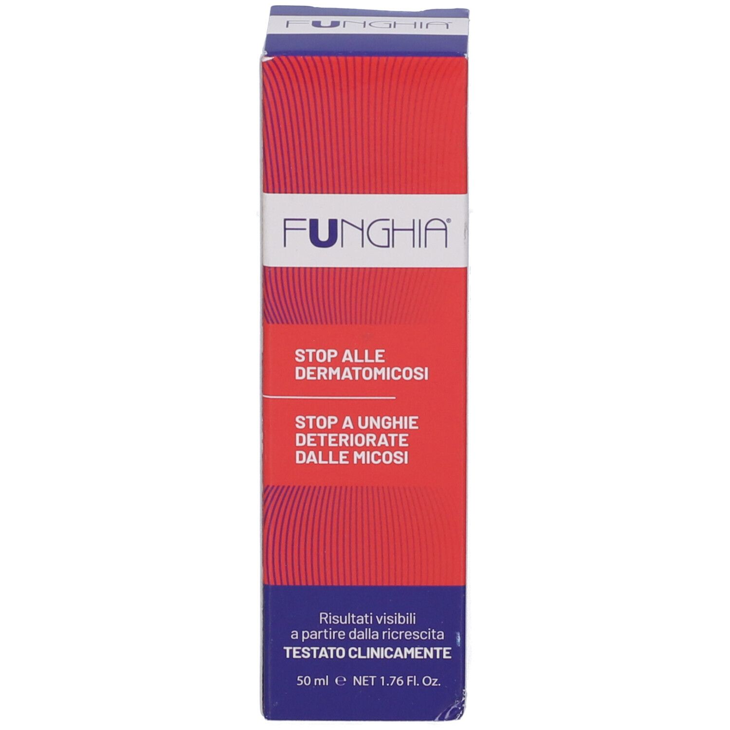 Scatola FUNGHIA. Scritte rosse e blu: Stop alle dermatomicosi, Stop a unghie deteriorate dalle micosi. 50 ml.