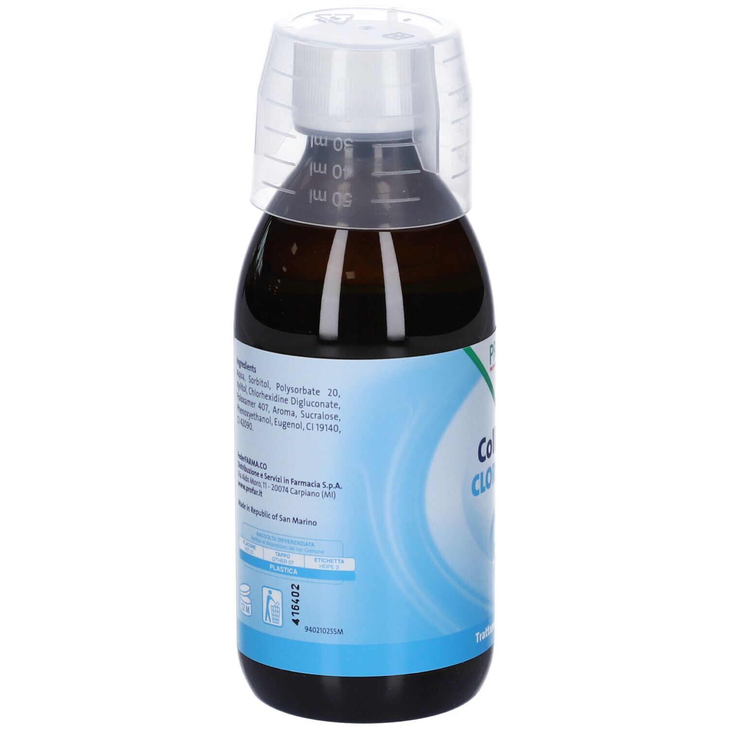 Flacone marrone con misurino bianco. Retro con ingredienti e informazioni produttore.