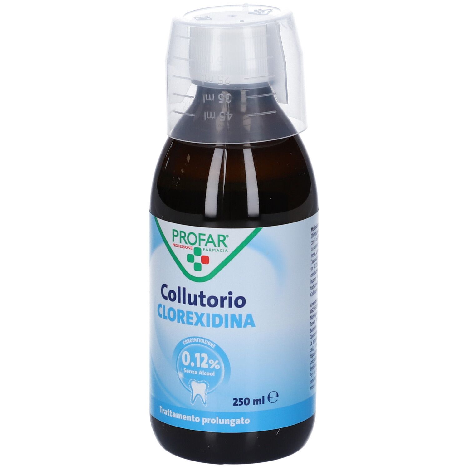 Flacone marrone con misurino bianco. Scritta: Collutorio Clorexidina 0,12% Senza Alcool. 250 ml.