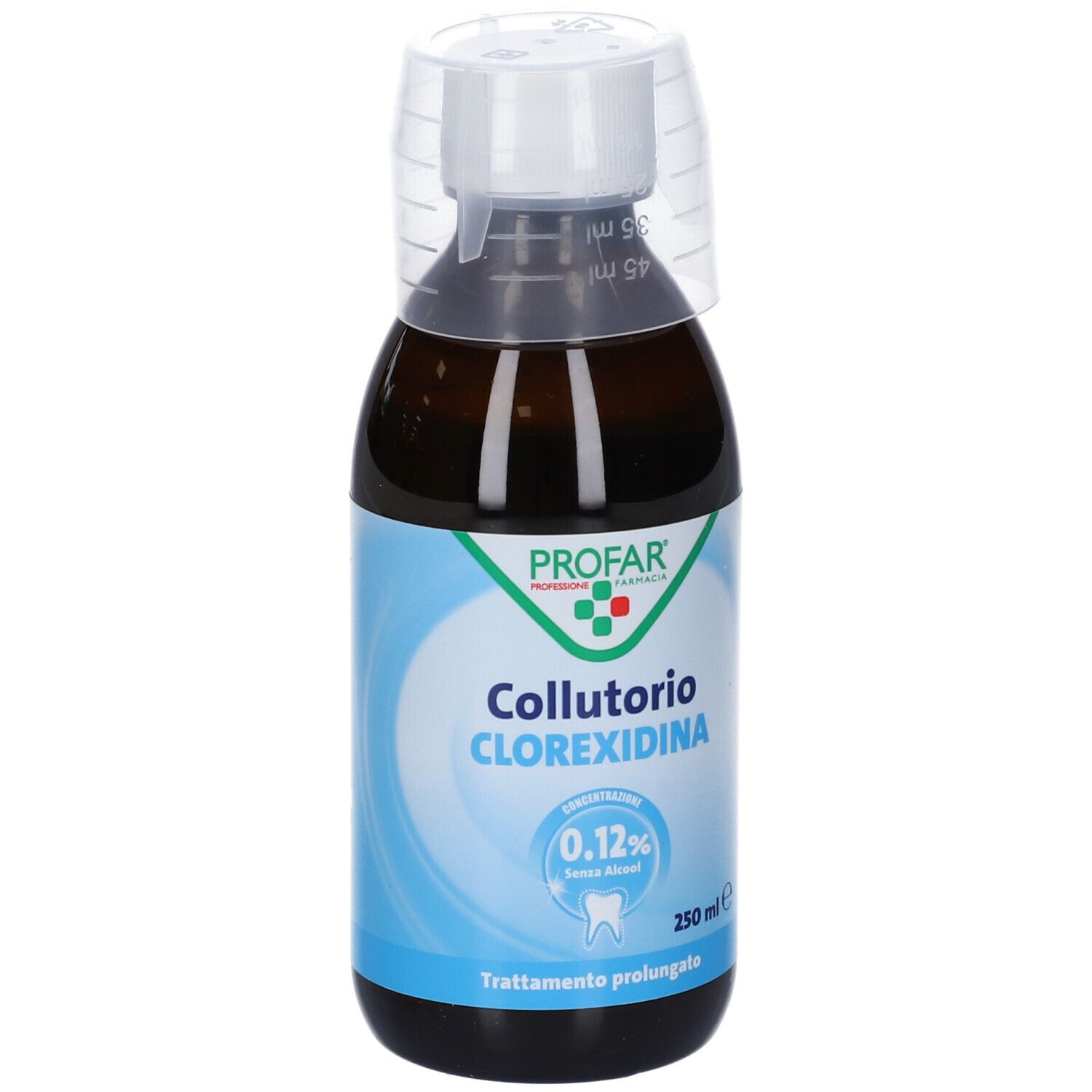 Flacone marrone con misurino bianco. Scritta: Collutorio Clorexidina 0,12% Senza Alcool. 250 ml.