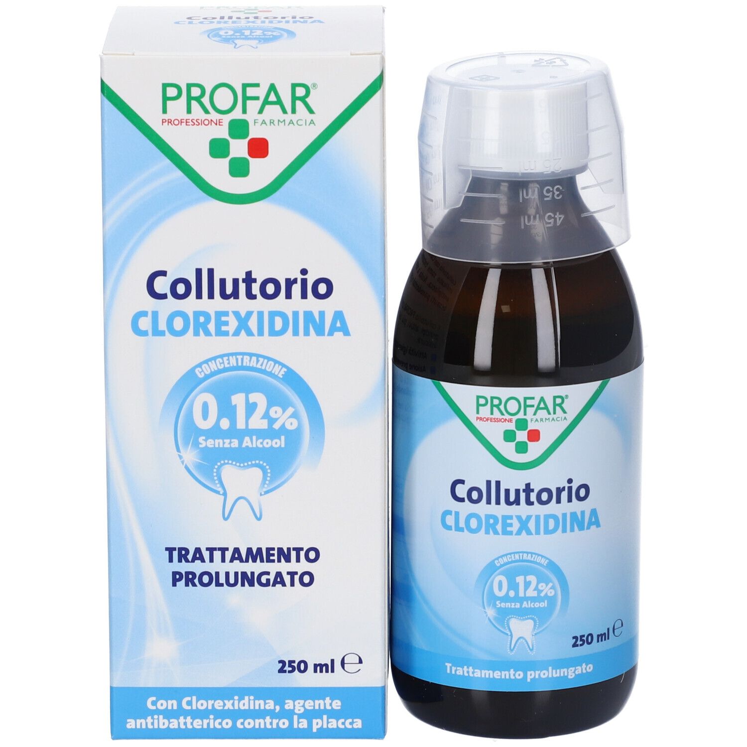 Prodotto e confezione. Flacone e scatola. Scritta: Collutorio Clorexidina 0,12% Senza Alcool. 250 ml.