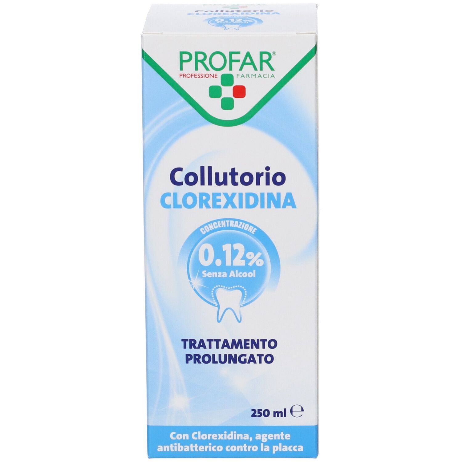 Confezione in cartone. Scritta: Collutorio Clorexidina 0,12% Senza Alcool. 250 ml. Con Clorexidina.
