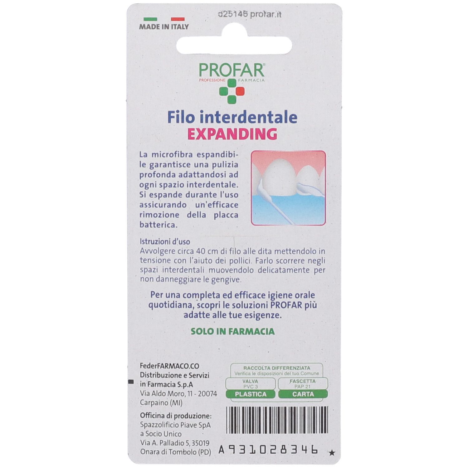 Retro confezione filo interdentale. Testo in italiano. Marchio: Profar. Nome prodotto: Filo interdentale Expanding.