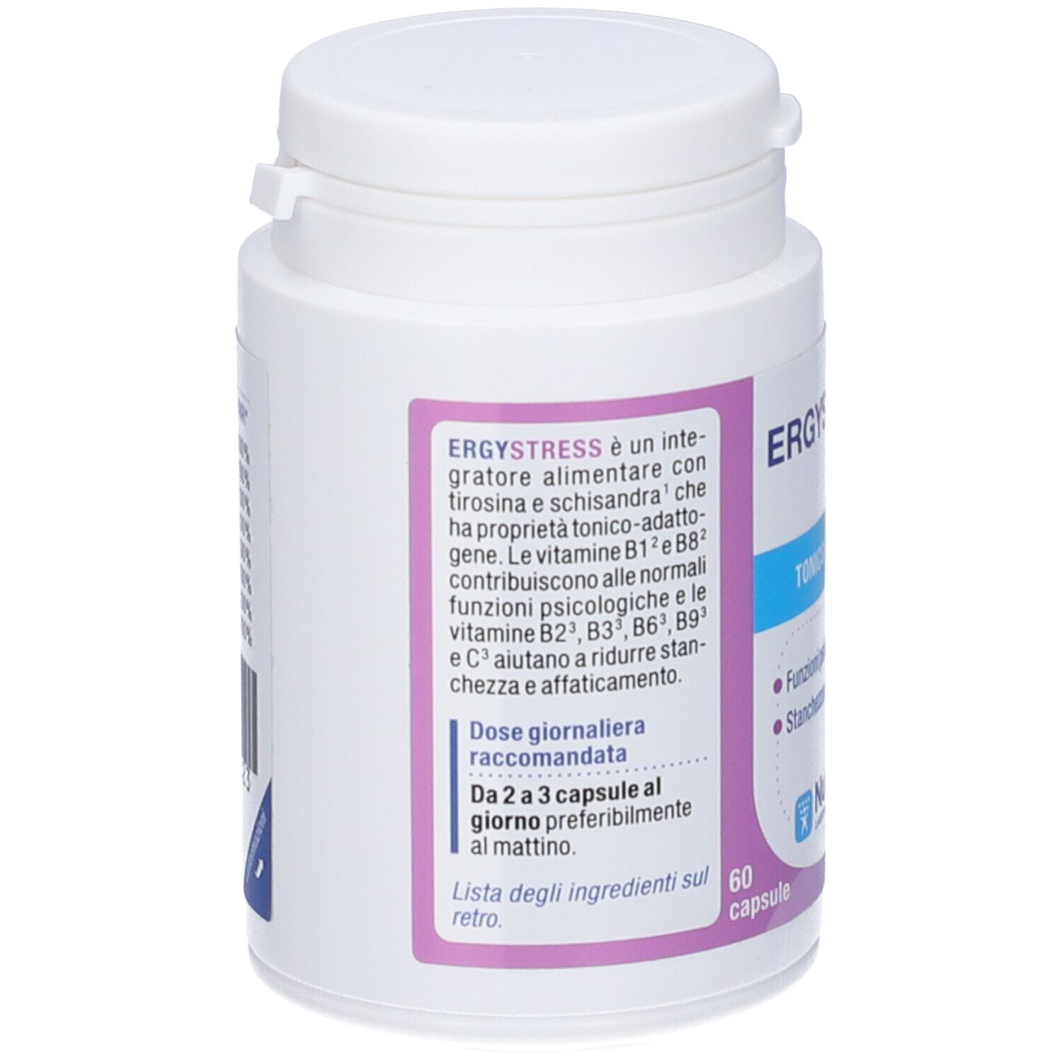Retro flacone bianco Ergystress. Testo su ingredienti e dosaggio. 60 capsule.