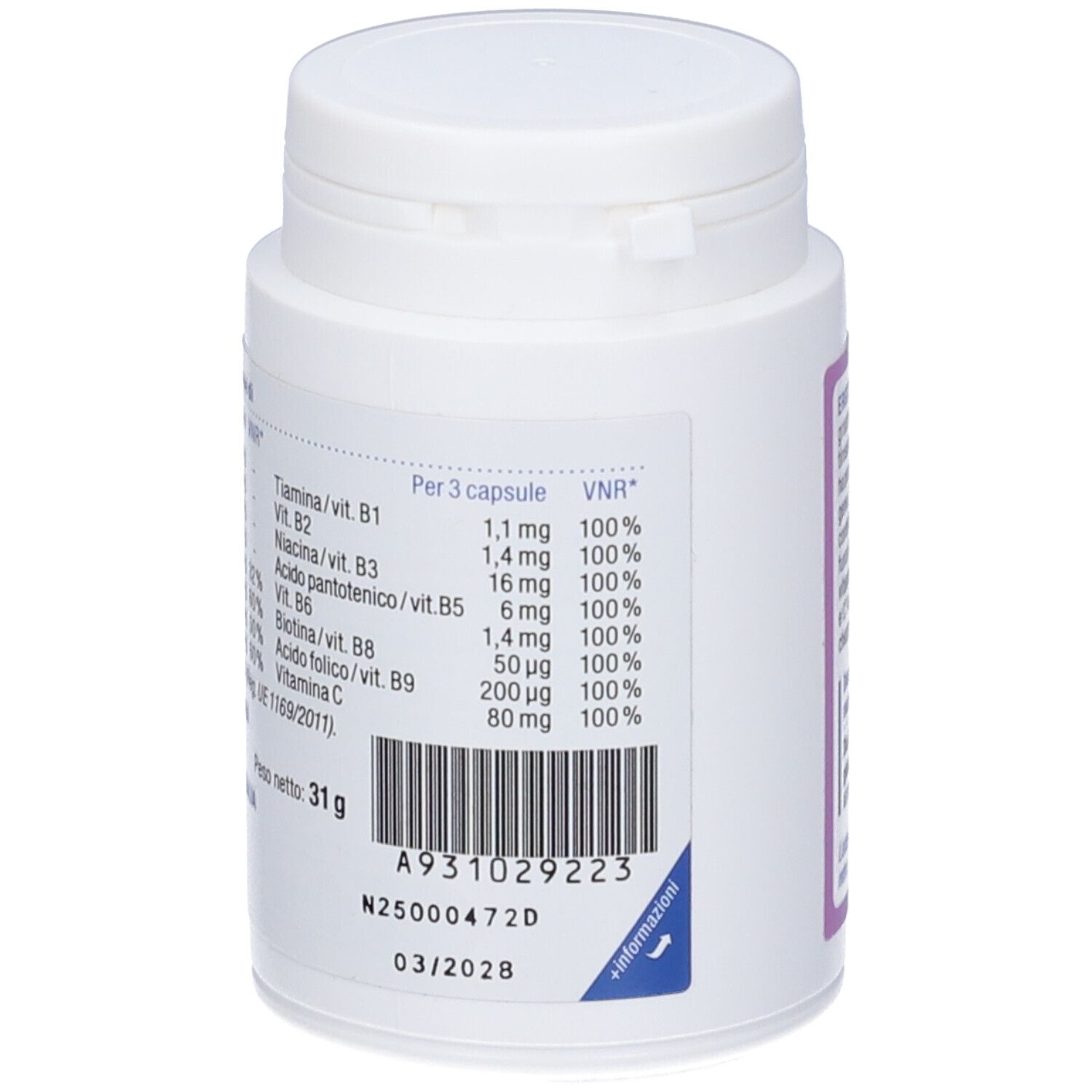 Retro del flacone bianco Ergystress. Informazioni nutrizionali e numero di lotto.