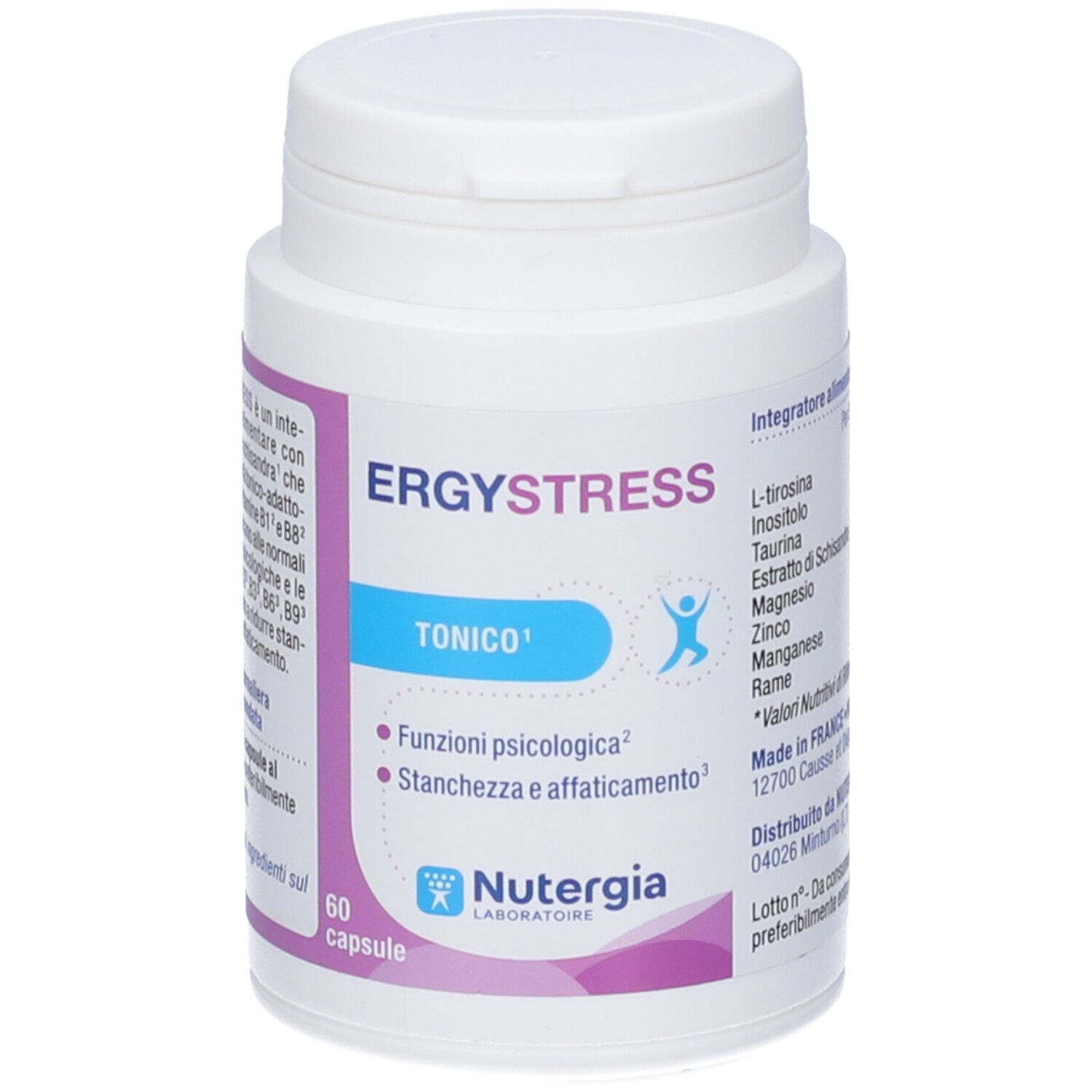 Flacone bianco Ergystress. Scritta: Ergystress, Tonico, 60 capsule. Logo: Nutergia Laboratoire.