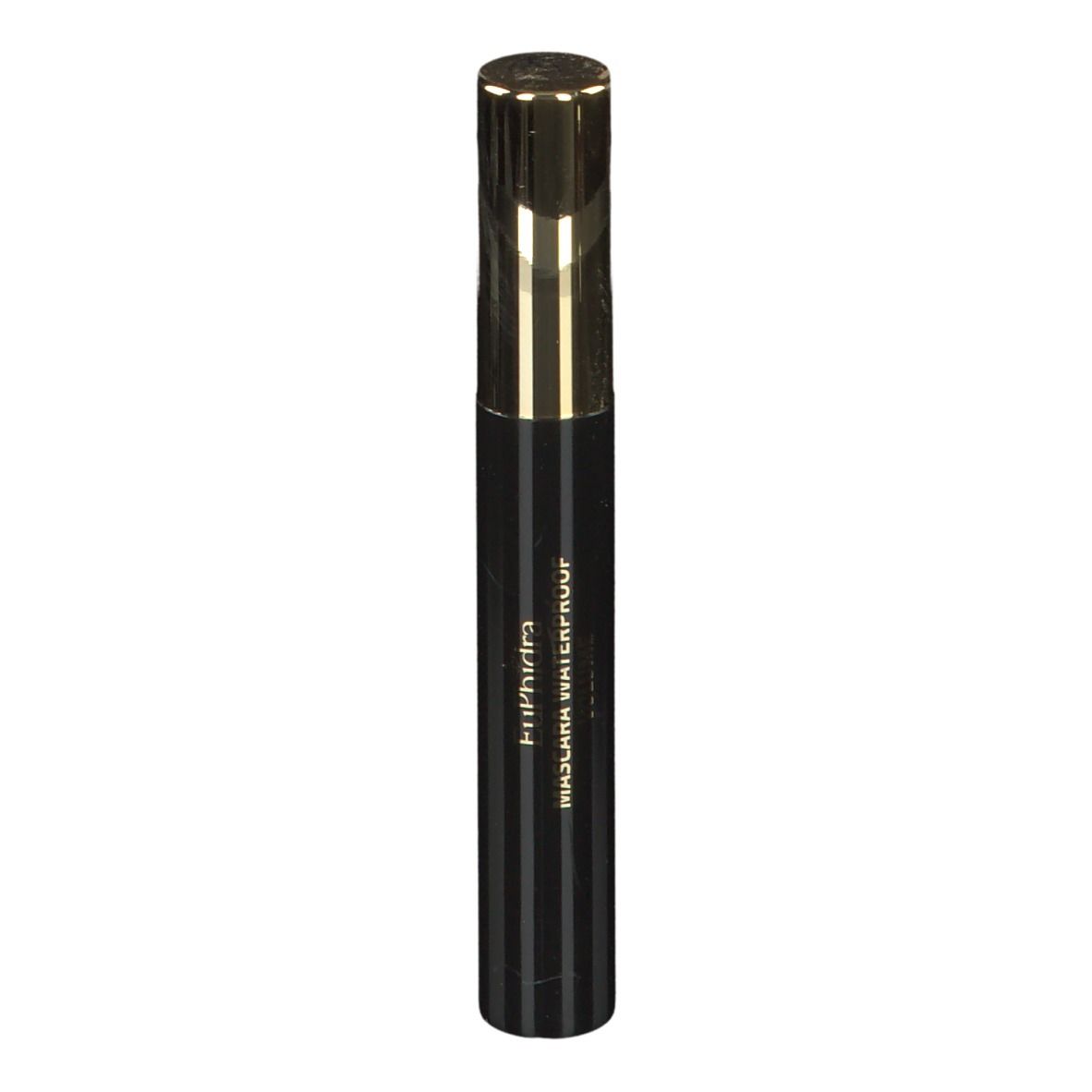Tubo di mascara nero con tappo dorato. Strisce verticali. Scritta 'waterproof'.