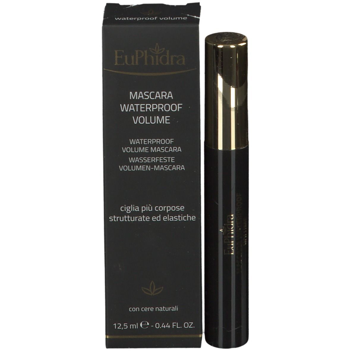 Tubo di mascara nero con tappo dorato e scatola nera. Testo.