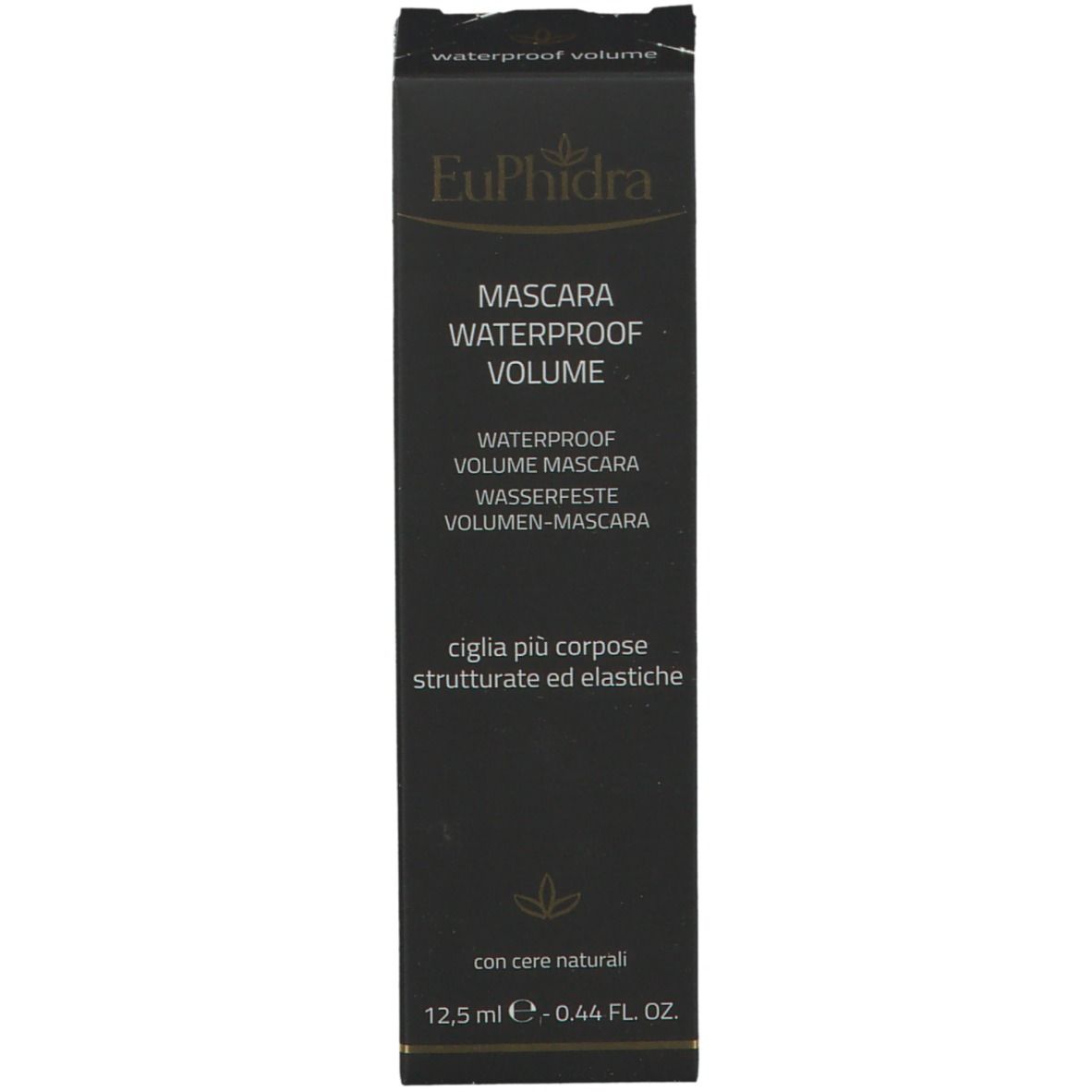 Scatola nera con testo e logo. Contiene mascara.