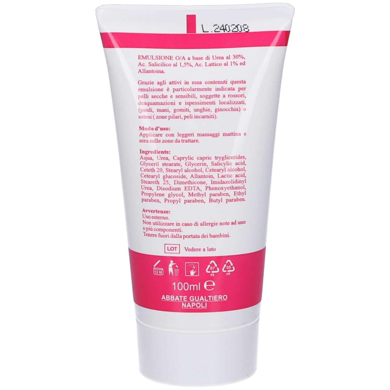 Retro di un tubo di crema. Testo: ingredienti, istruzioni per l'uso. Logo e numero di lotto.