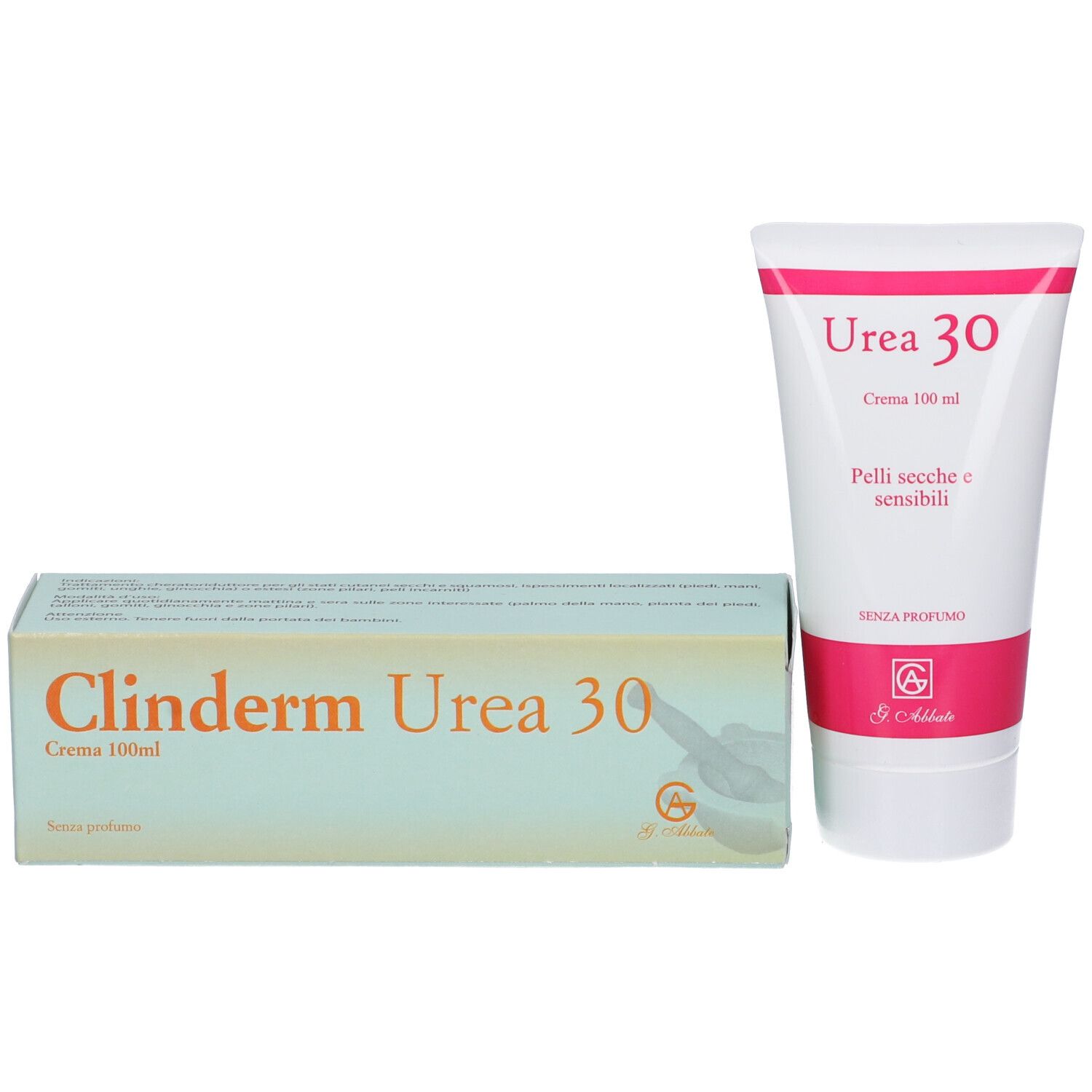 Confezione e tubo del prodotto. Scritta: Clinderm Urea 30, crema. Logo. Tubo bianco accanto.