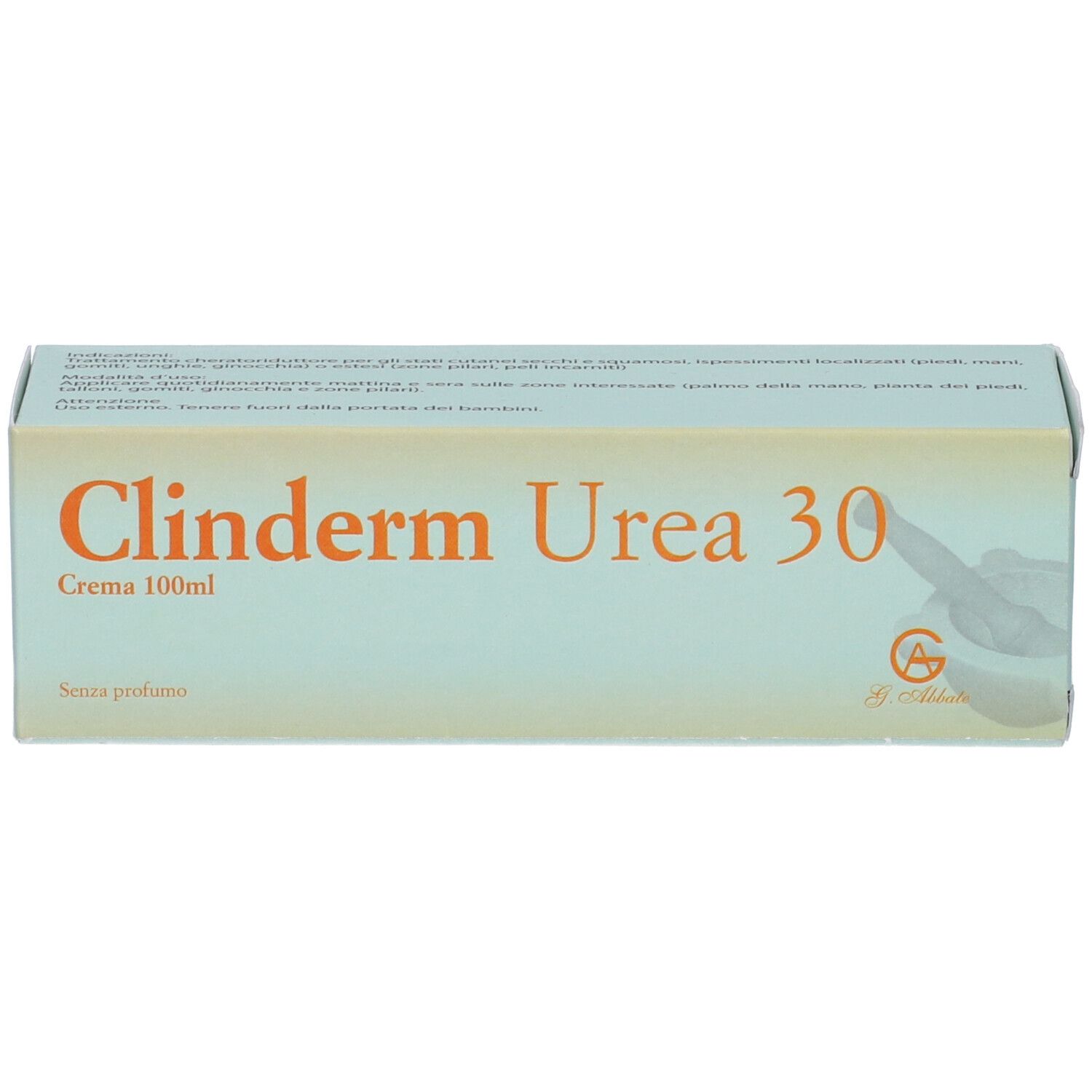 Confezione del prodotto. Scritta: Clinderm Urea 30, crema. Logo. Confezione verde chiaro.