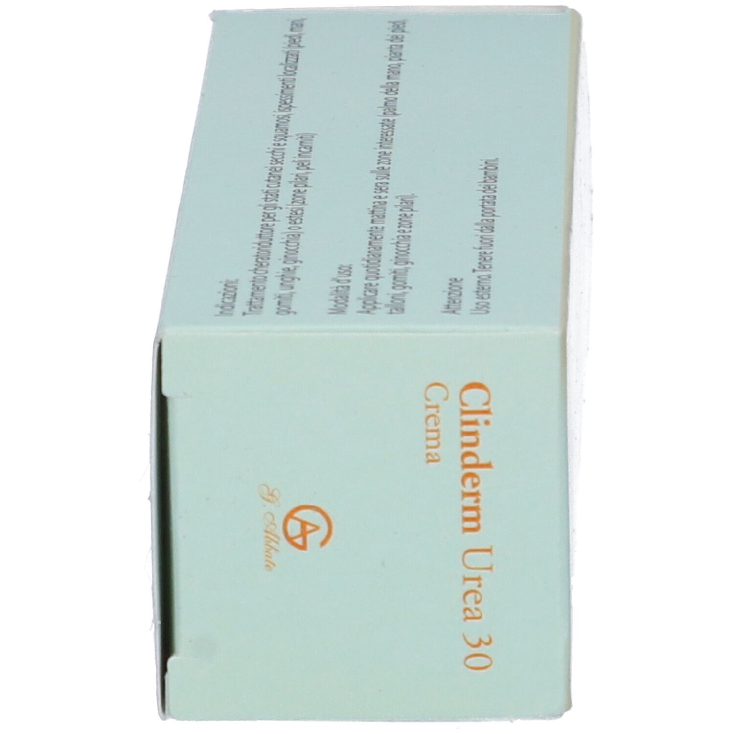 Confezione del prodotto, vista laterale. Scritta: Clinderm Urea 30, crema. Logo. Confezione verde chiaro.