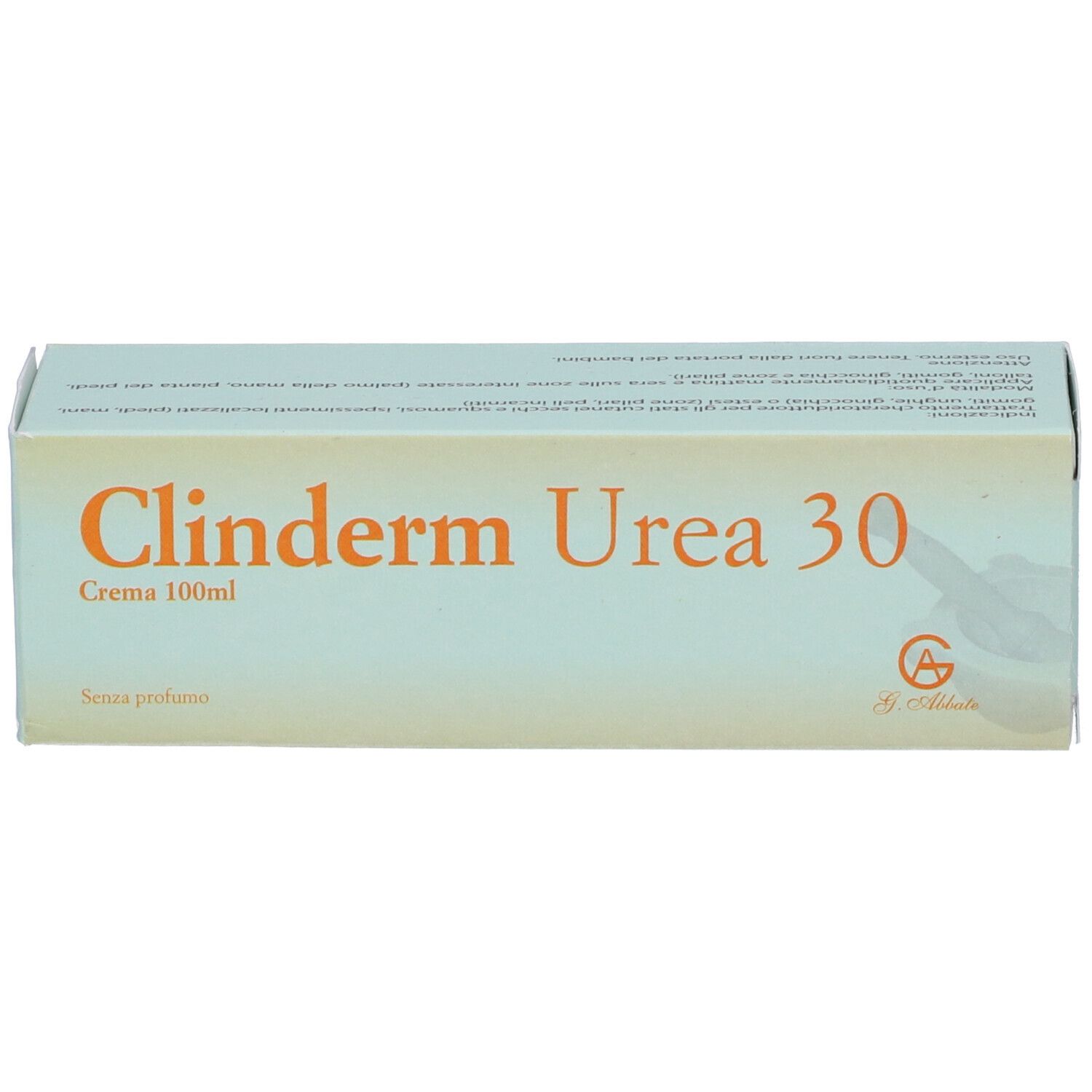 Confezione del prodotto. Scritta: Clinderm Urea 30, crema. Logo. Confezione verde chiaro.