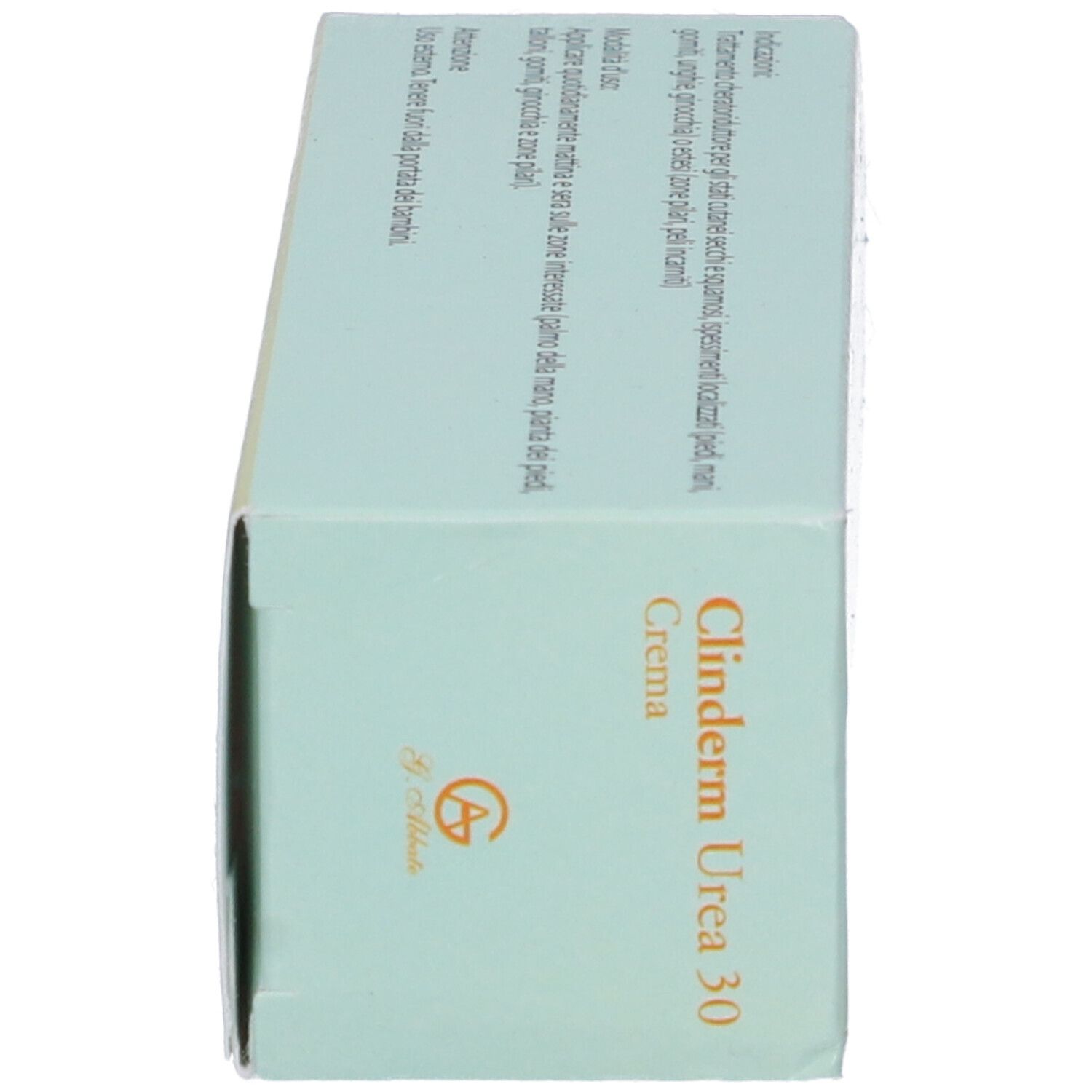 Confezione del prodotto, vista laterale. Scritta: Clinderm Urea 30, crema. Logo. Confezione verde chiaro.