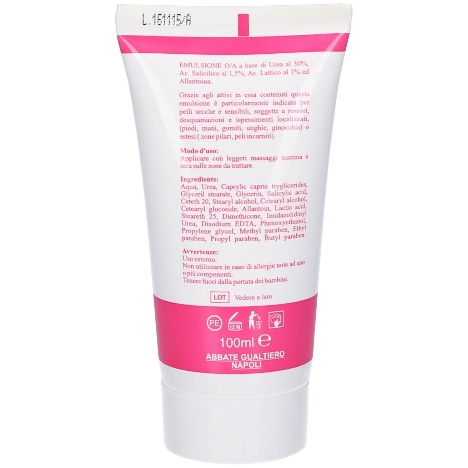 Retro di un tubo bianco. Testo: ingredienti, istruzioni per l'uso, avvertenze. Striscia rosa. 100ml. G. Abbate Napoli.