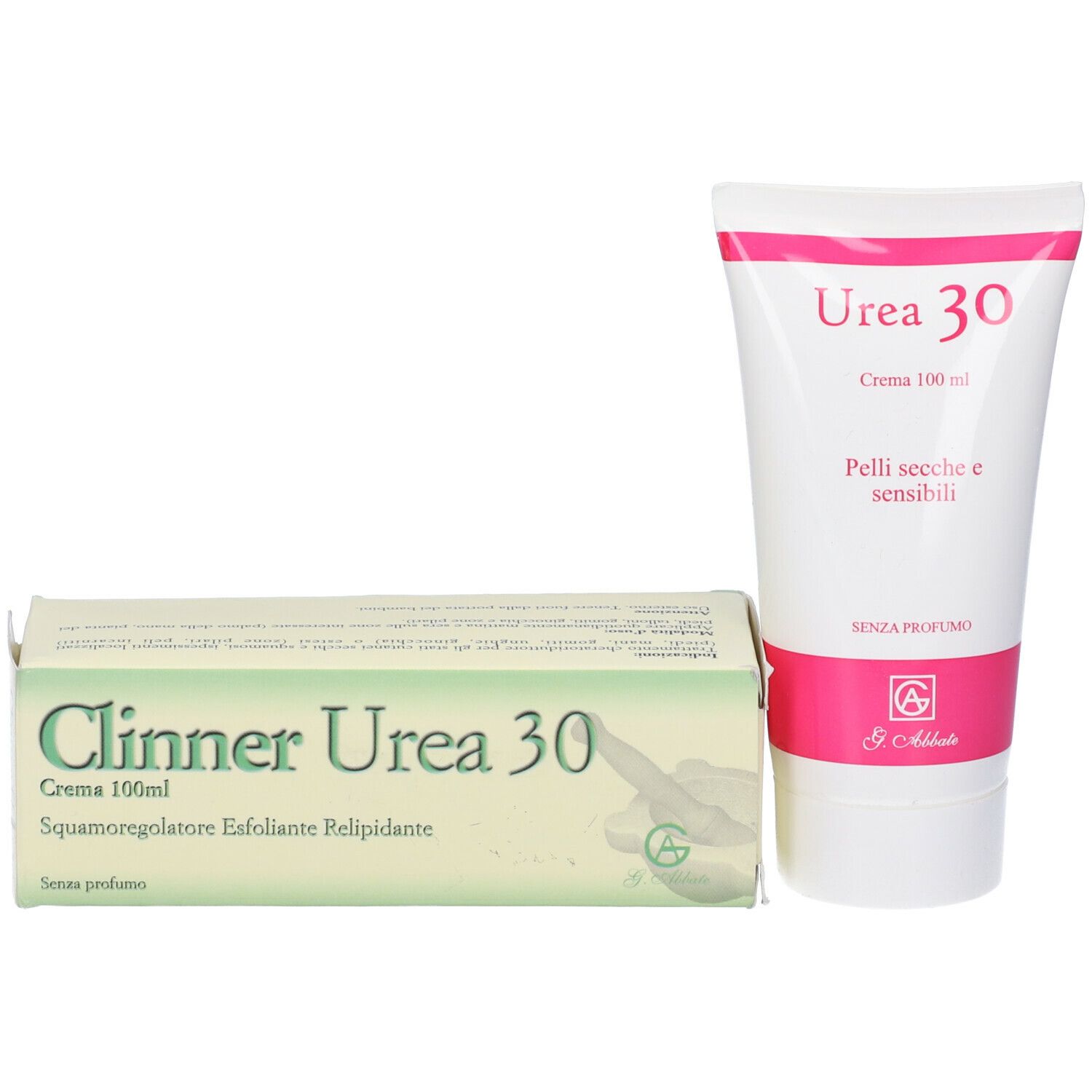 Confezione e tubo affiancati. Scritta: Clinner Urea 30, Crema 100ml. Tubo: Urea 30, Crema 100 ml, per pelli secche.