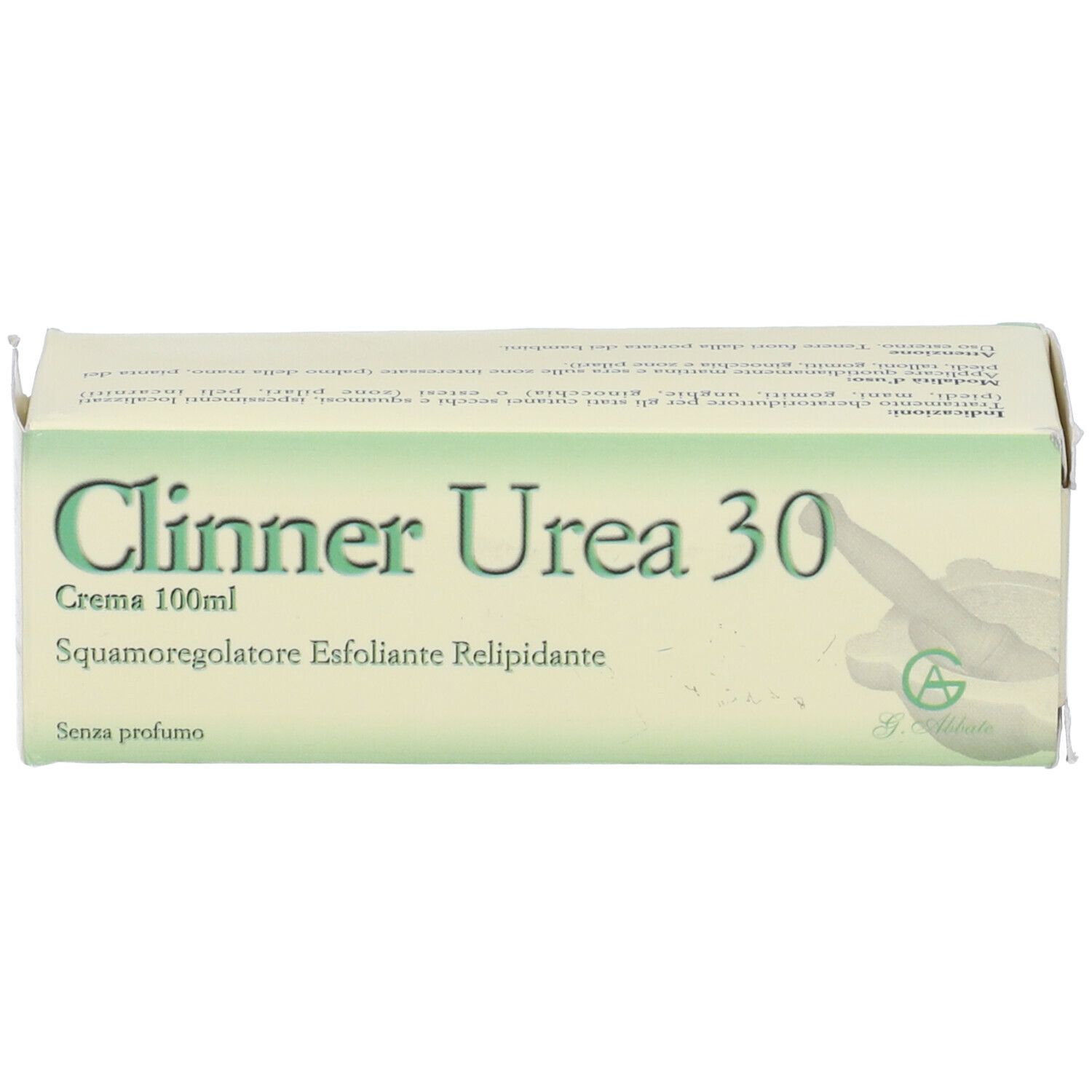 Confezione in cartone. Scritta: Clinner Urea 30, Crema 100ml, Squamaregulator, Esfoliante, Relipidante. Senza profumo. G. Abbate.