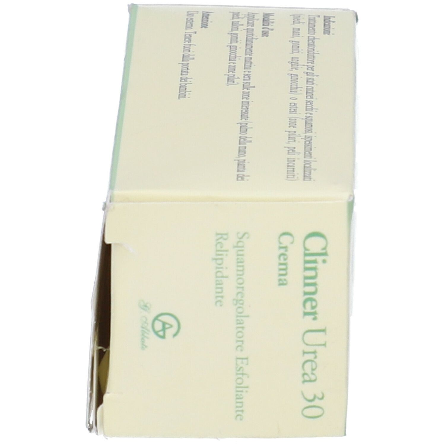Confezione in cartone, in diagonale. Scritta: Clinner Urea 30, Crema, Squamaregulator, Esfoliante, Relipidante. G. Abbate.