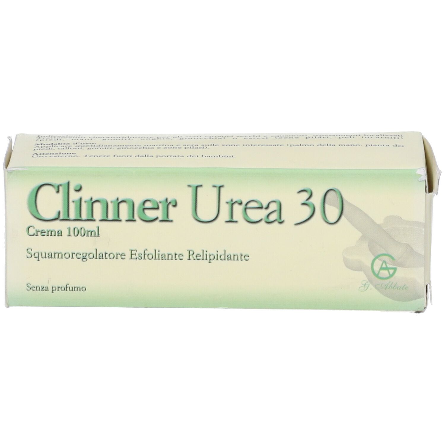 Confezione in cartone. Scritta: Clinner Urea 30, Crema 100ml, Squamaregulator, Esfoliante, Relipidante. Senza profumo. G. Abbate.