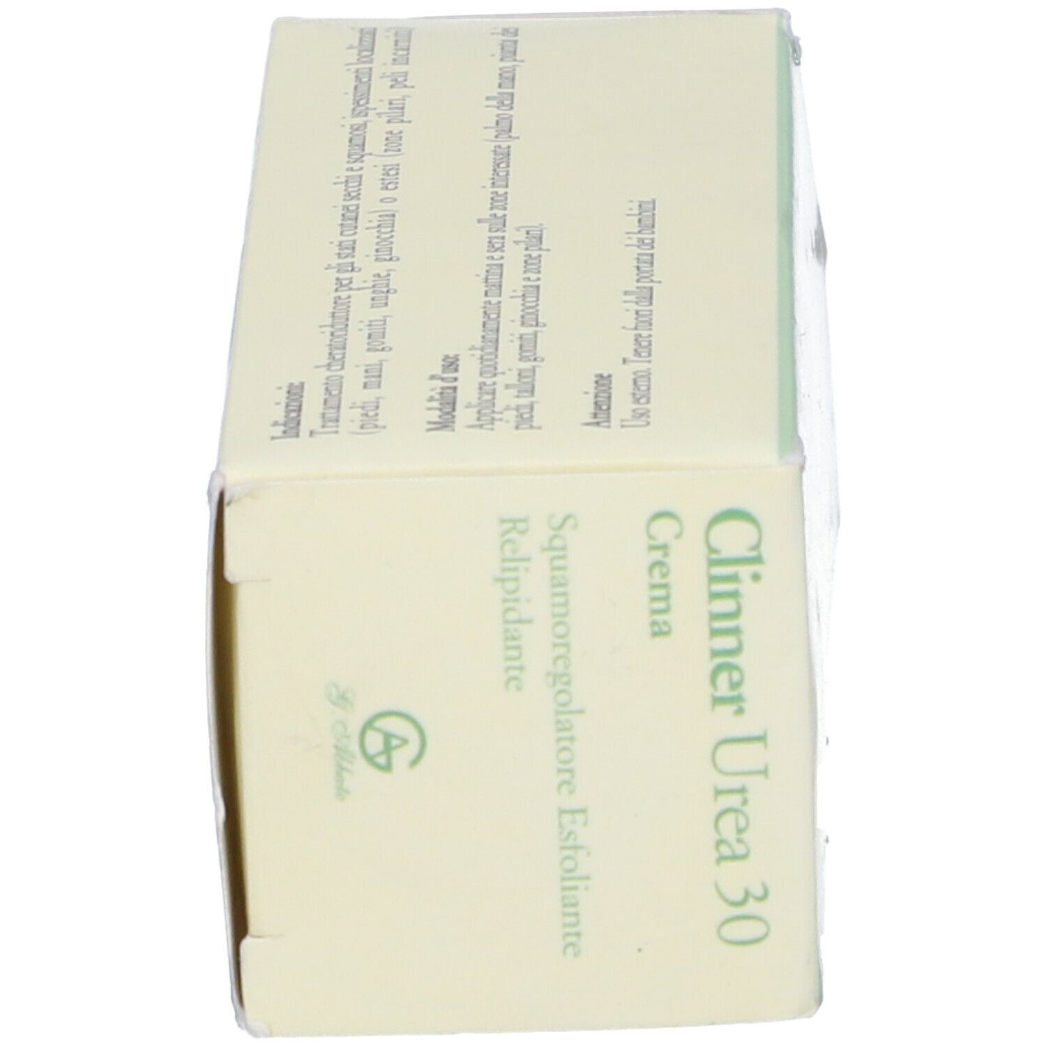 Confezione in cartone, in diagonale. Scritta: Clinner Urea 30, Crema, Squamaregulator, Esfoliante, Relipidante. G. Abbate.