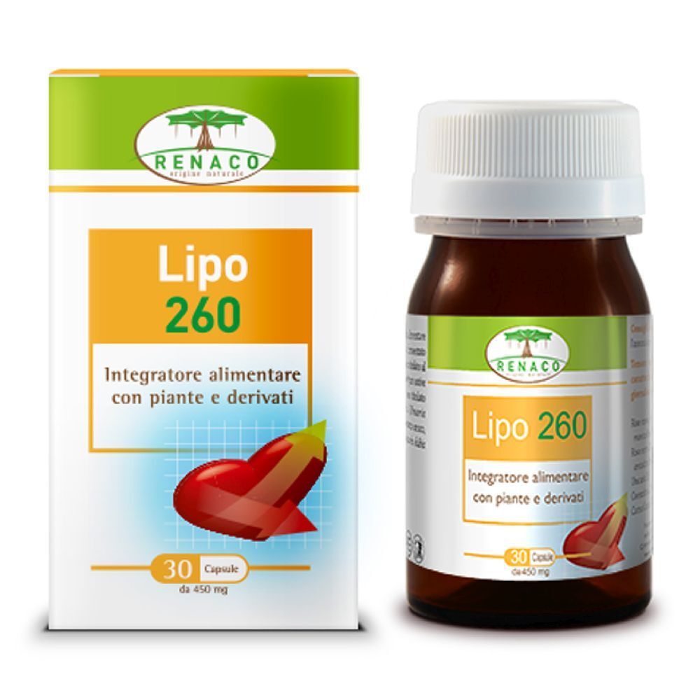 Flacone e scatola Lipo 260. Scritta: 30 capsule, 450 mg. Simbolo peperoncino rosso.