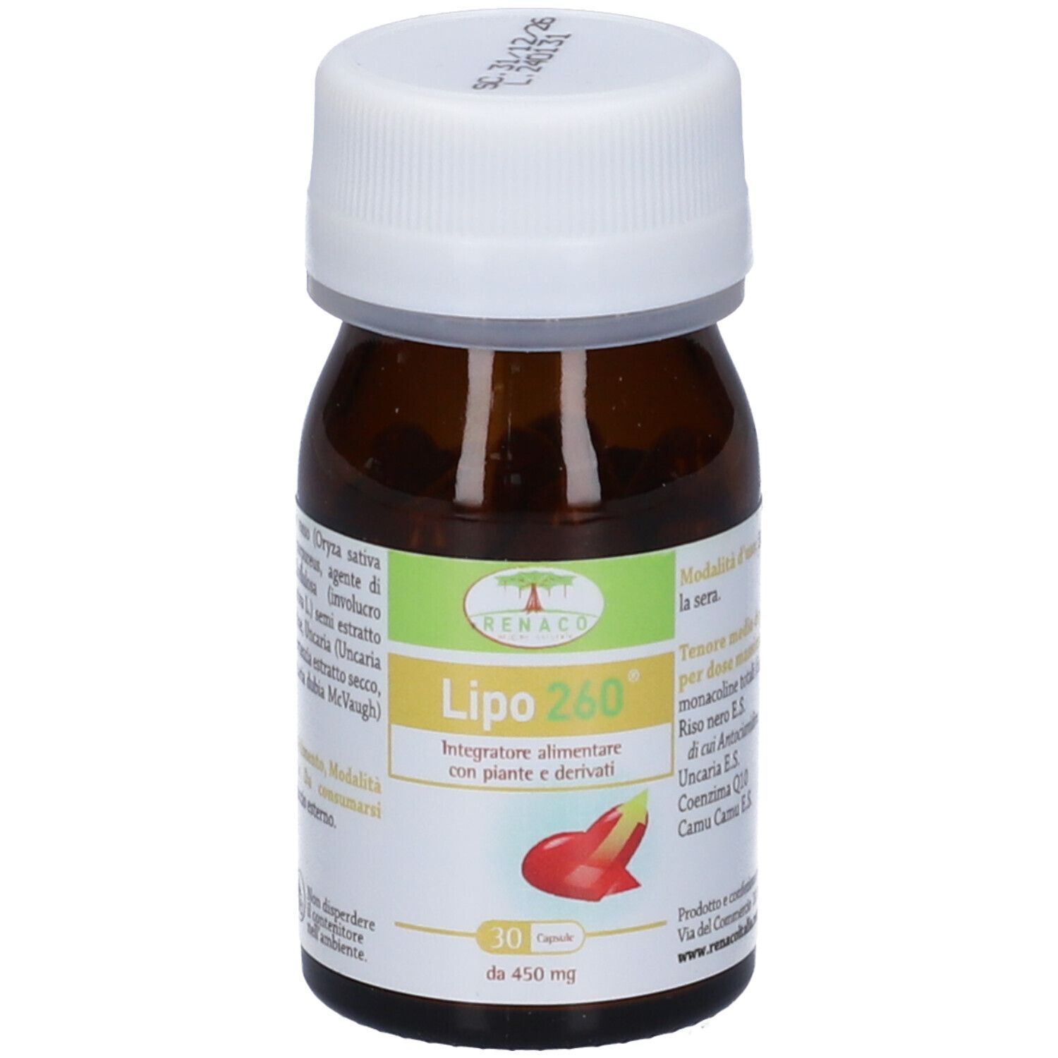 Flacone marrone, tappo bianco. Scritta: Lipo 260, 30 capsule, 450 mg. Simbolo peperoncino rosso.