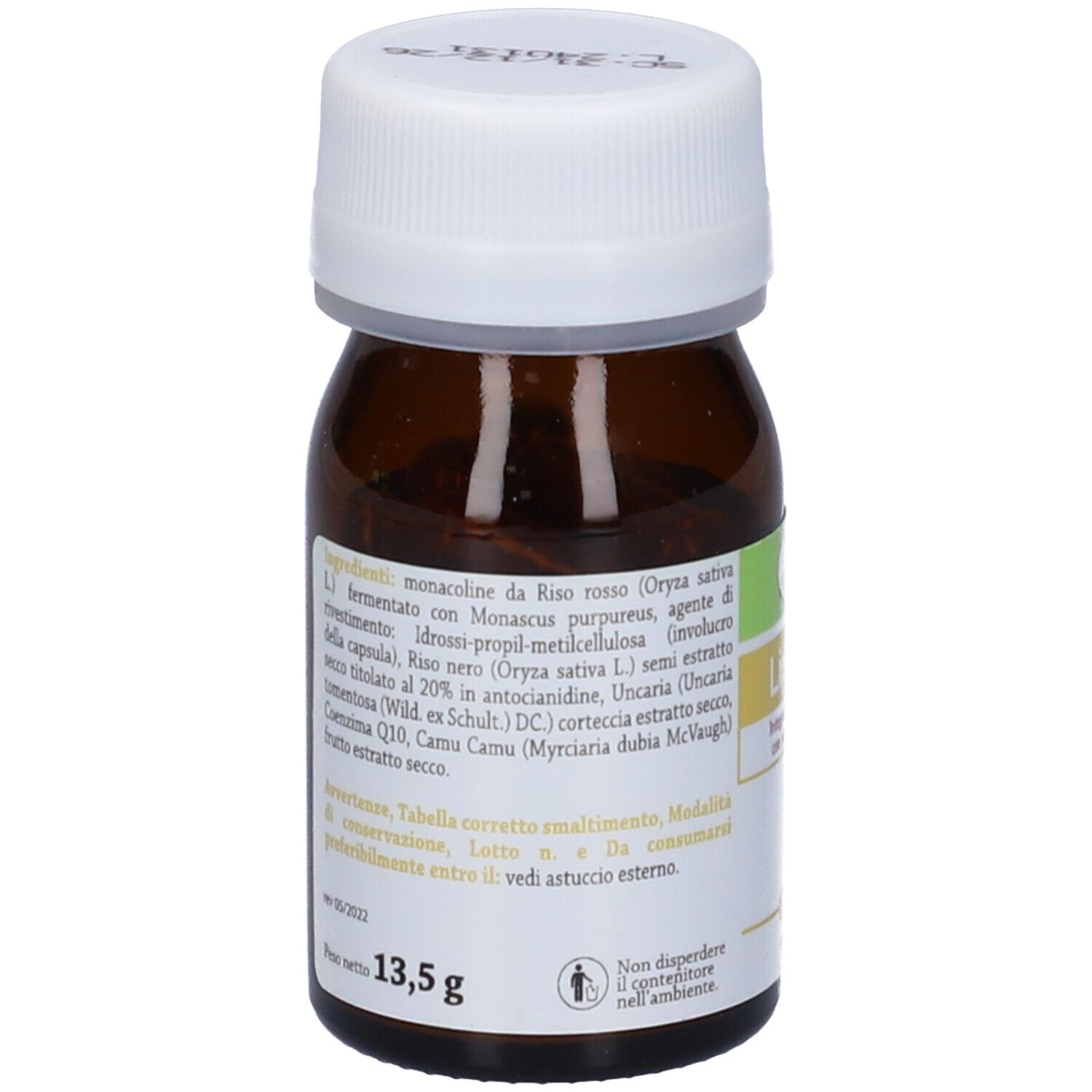 Flacone marrone, tappo bianco. Retro con ingredienti e peso: 13,5 g.