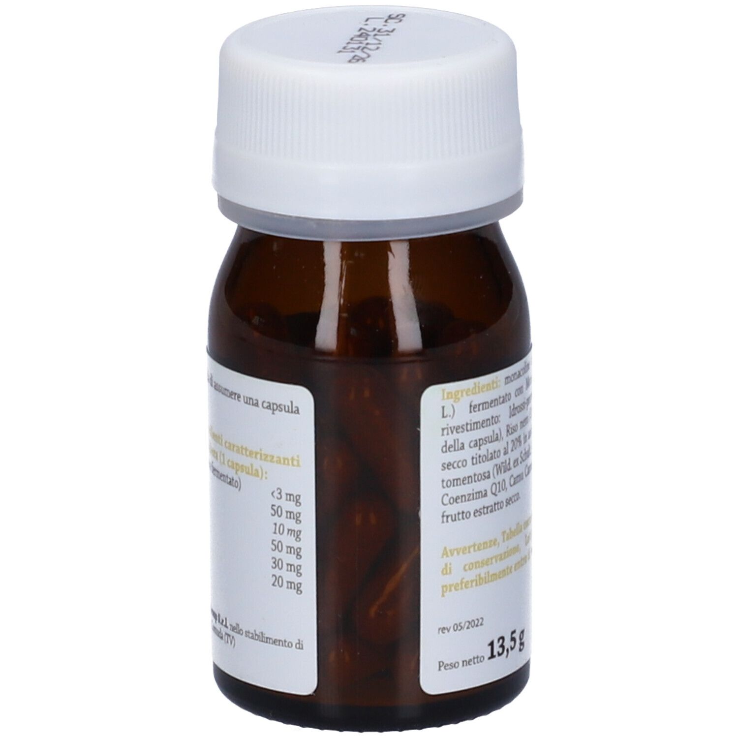 Flacone marrone, tappo bianco. Retro con ingredienti.