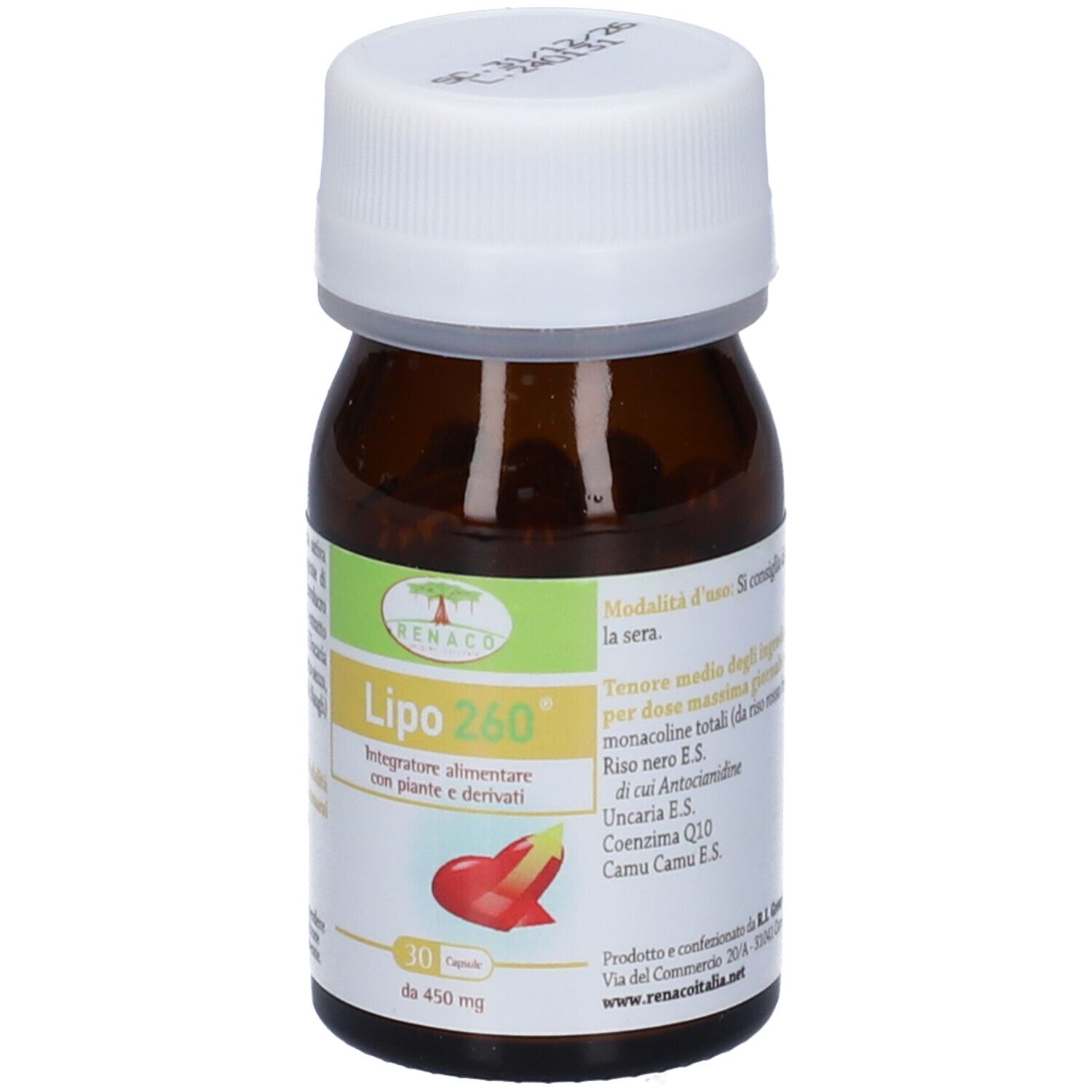 Flacone marrone, tappo bianco. Scritta: Lipo 260, 30 capsule, 450 mg. Simbolo peperoncino rosso.