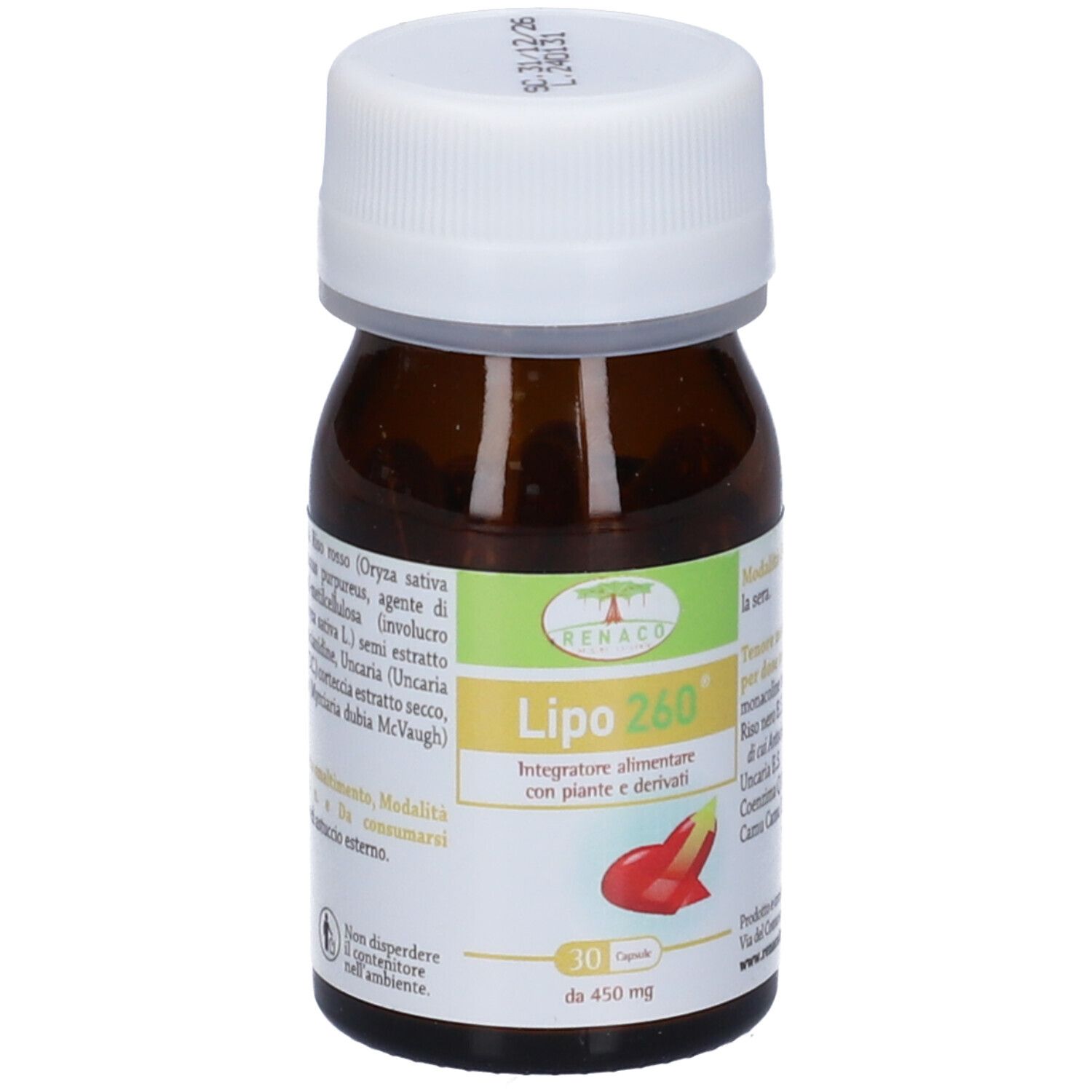 Flacone marrone, tappo bianco. Scritta: Lipo 260, 30 capsule, 450 mg. Simbolo peperoncino rosso.