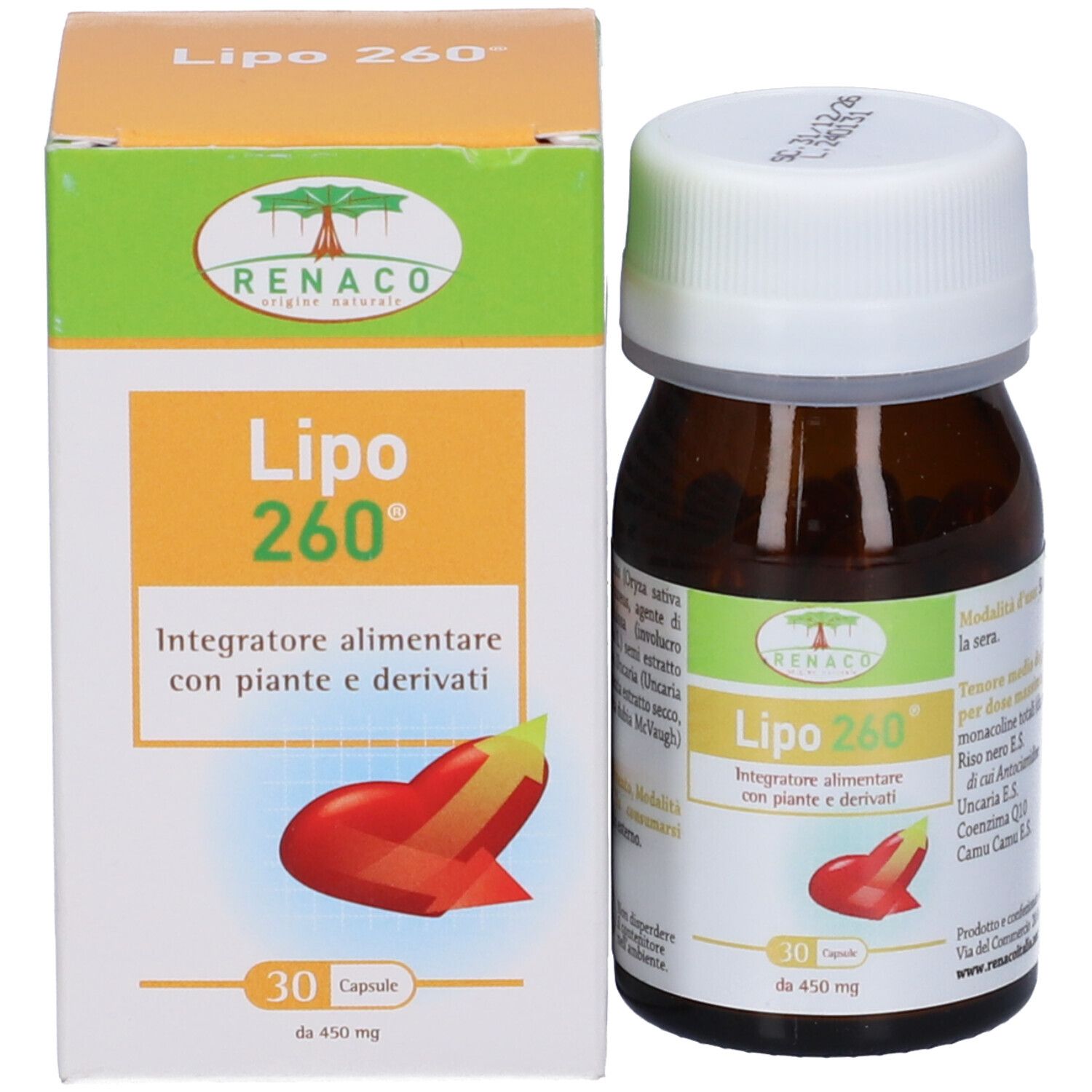 Flacone e scatola Lipo 260. Scritta: 30 capsule, 450 mg. Simbolo peperoncino rosso.