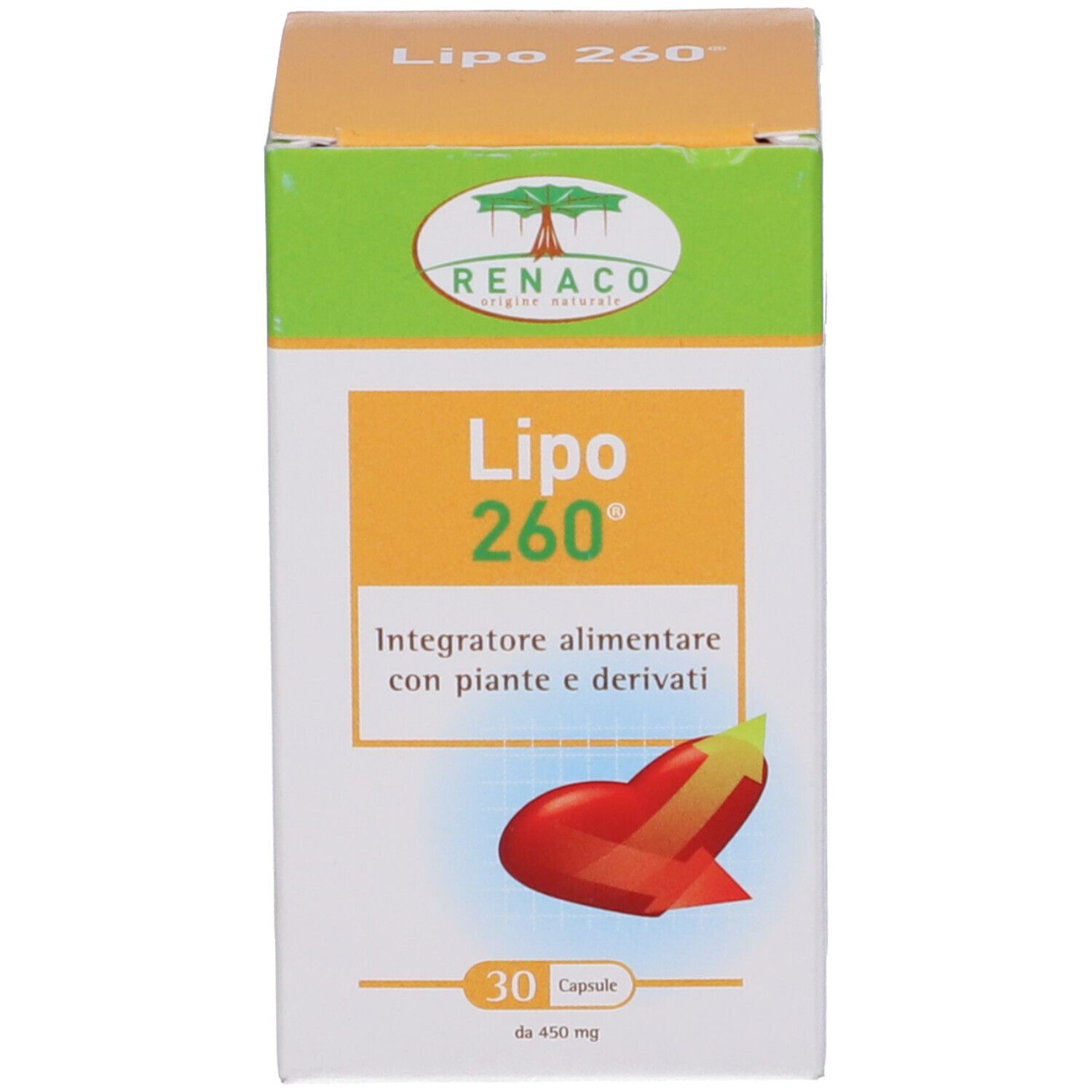 Scatola Lipo 260. Scritta: 30 capsule. Simbolo peperoncino rosso.