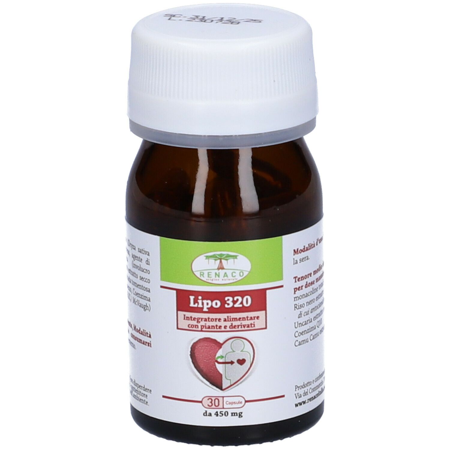 Flacone marrone con tappo bianco. Scritta Lipo 320. Contiene 30 capsule. Marchio Renaco.