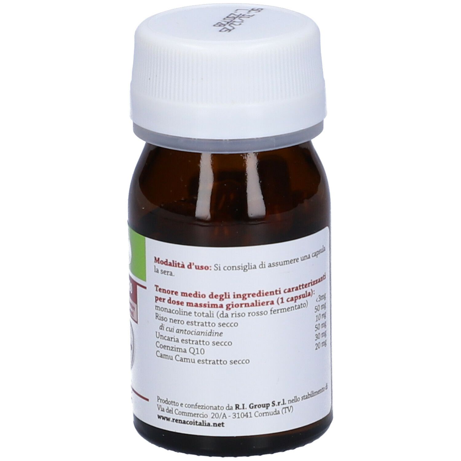 Flacone marrone con tappo bianco. Scritta Lipo 320. Contiene 30 capsule. Marchio Renaco.