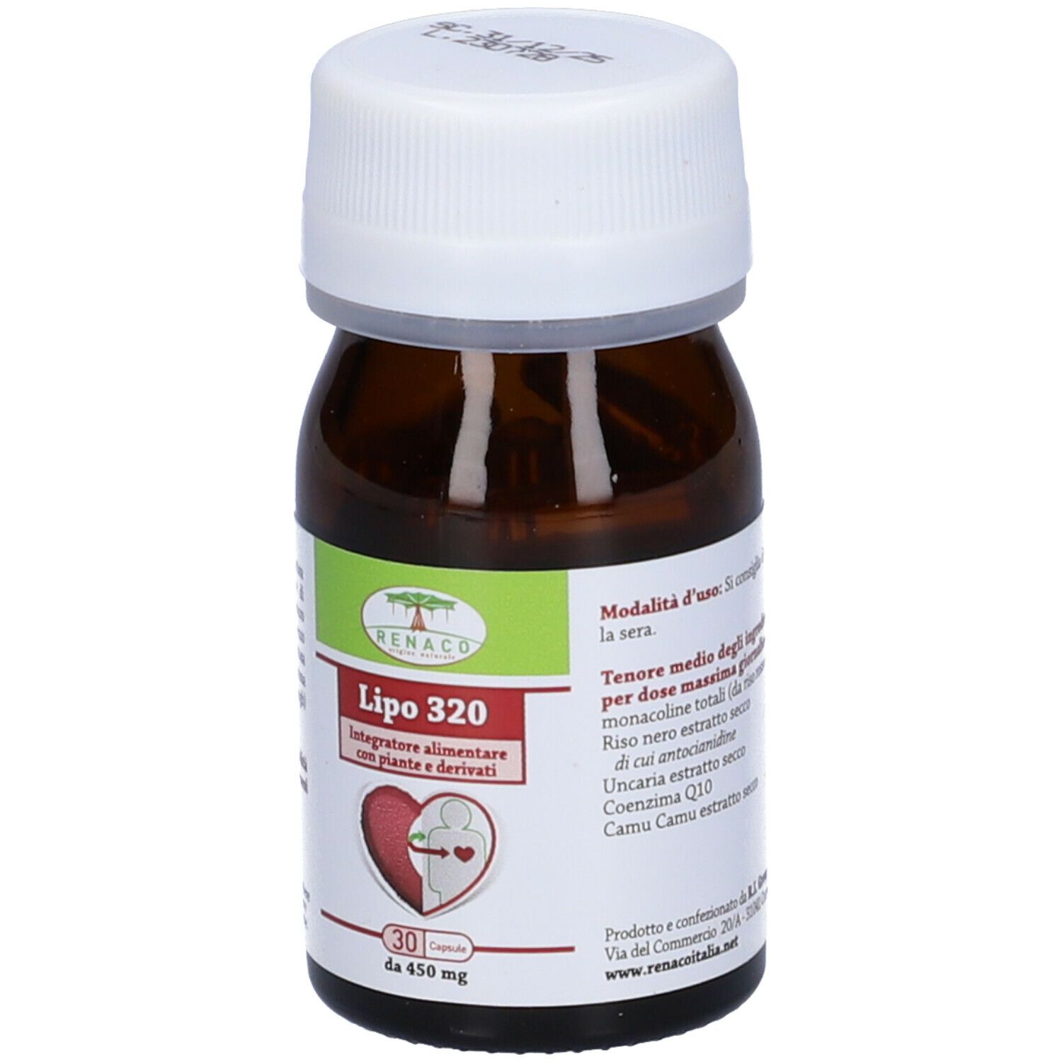 Flacone marrone con tappo bianco. Scritta Lipo 320. Contiene 30 capsule. Marchio Renaco.