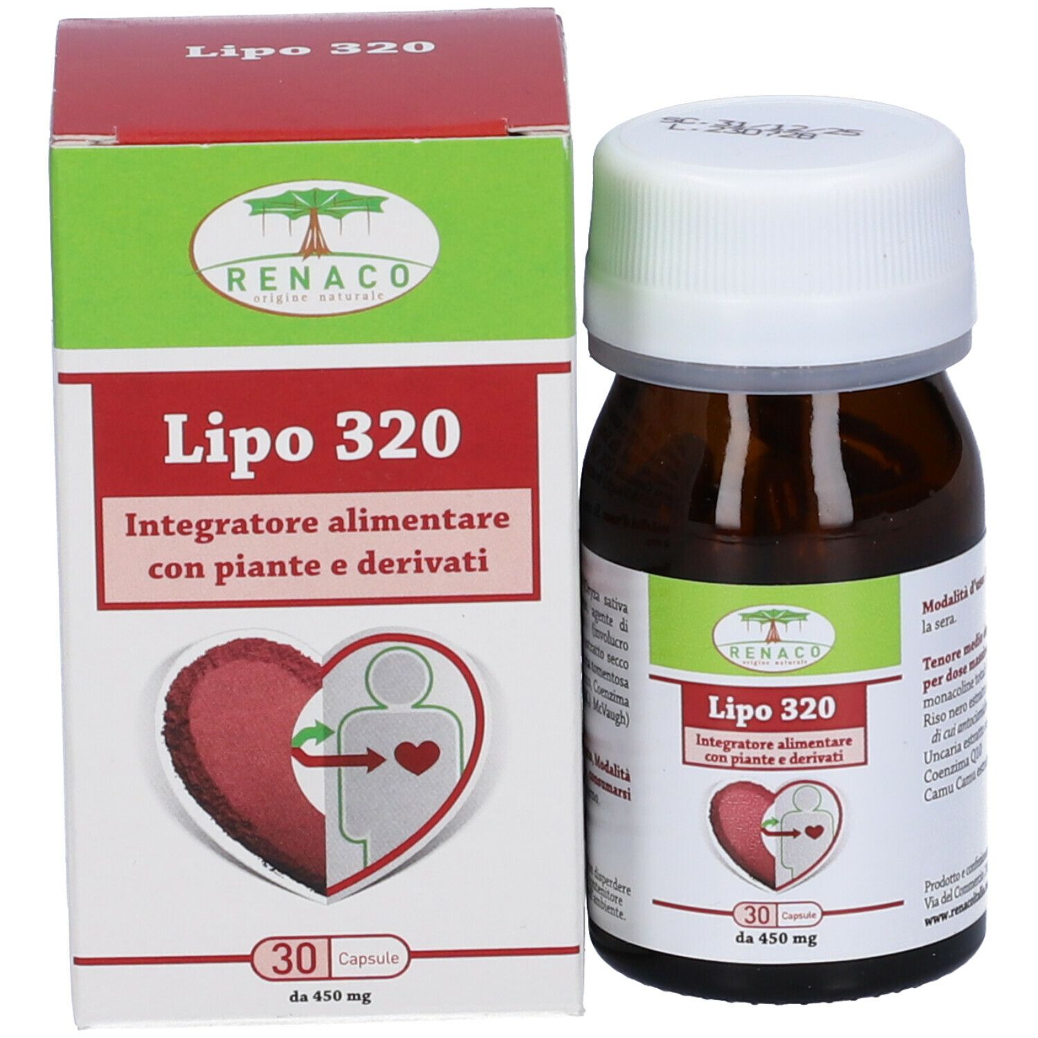 Flacone e scatola marroni con Lipo 320. Contiene 30 capsule. Marchio Renaco.