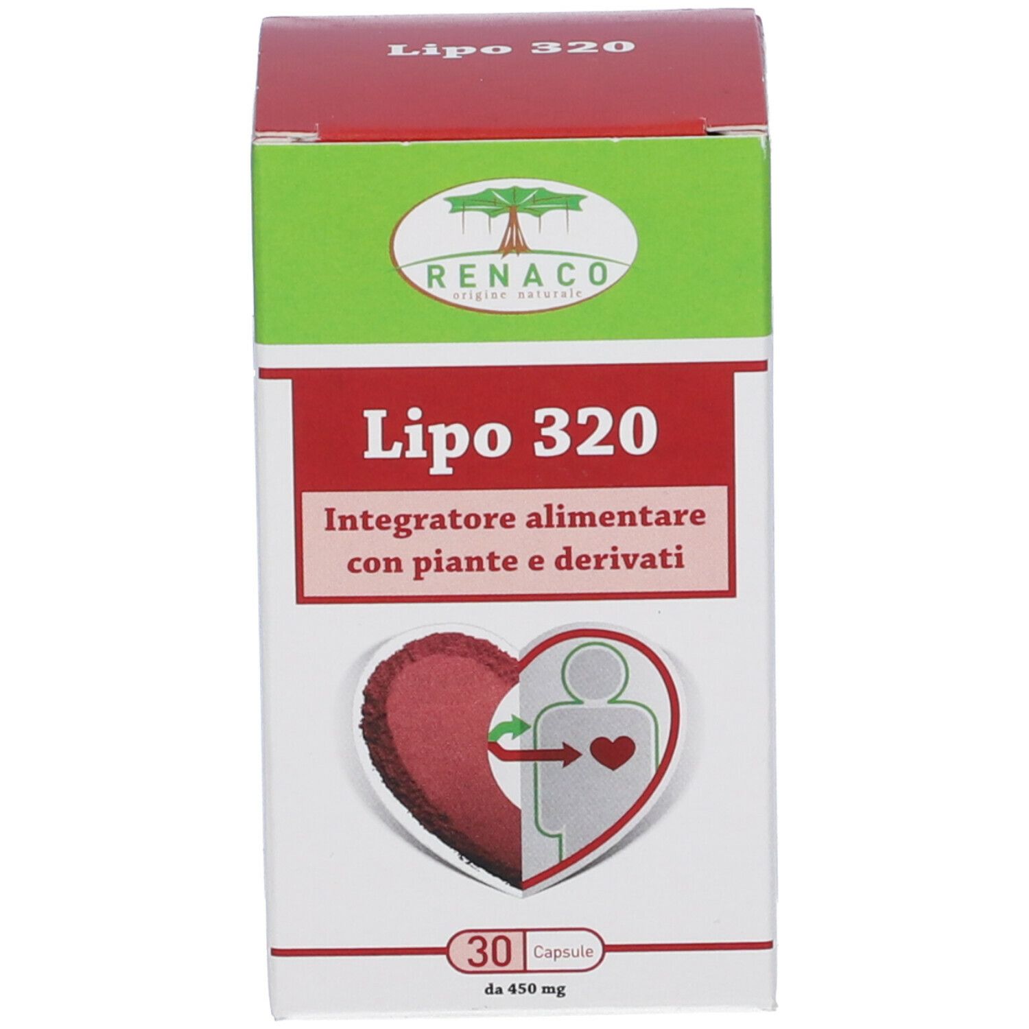 Scatola con scritta Lipo 320. Contiene 30 capsule. Marchio Renaco.