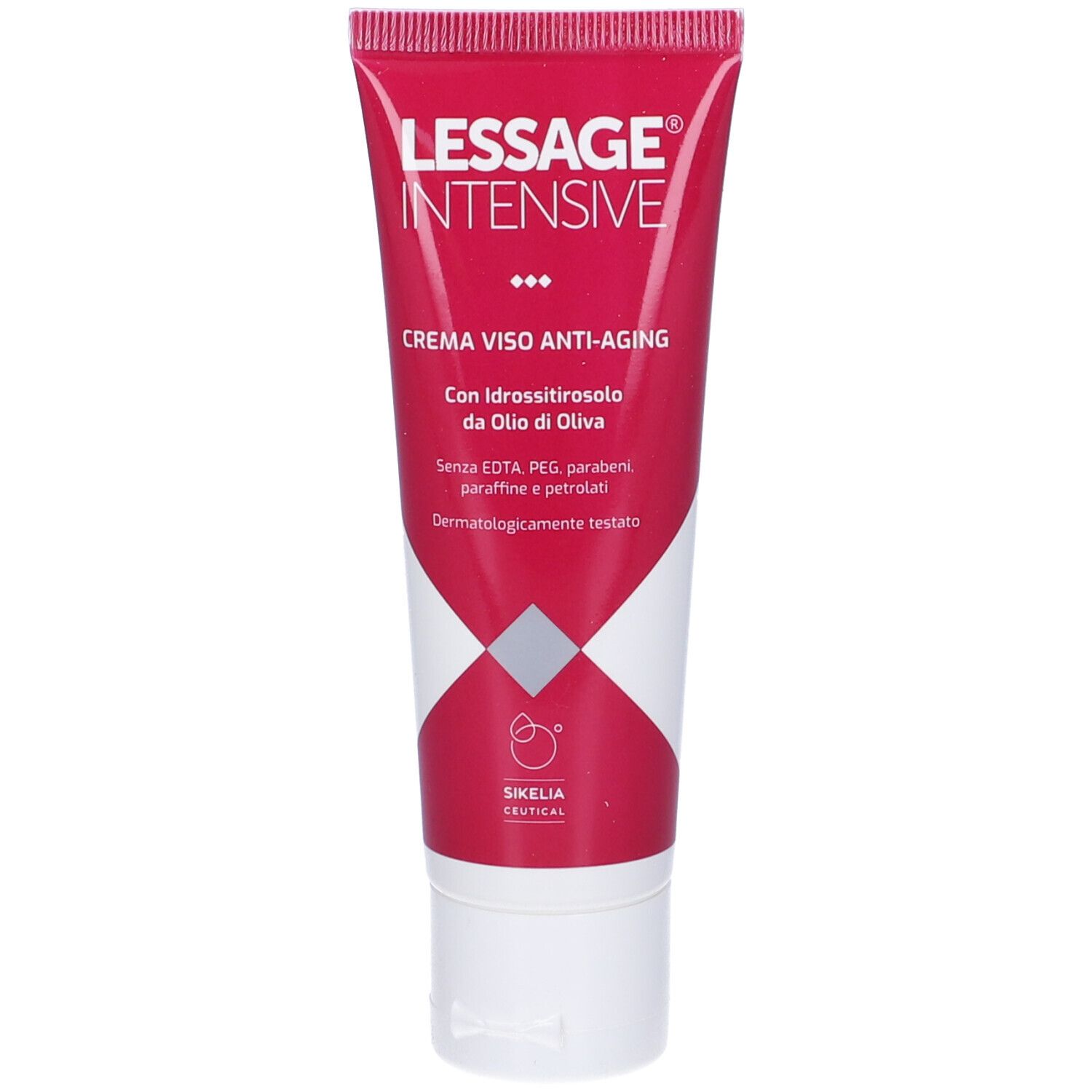 Tubo rosso con tappo bianco. Scritta: Lessage Intensive, Crema viso anti-aging. Con olio d'oliva.