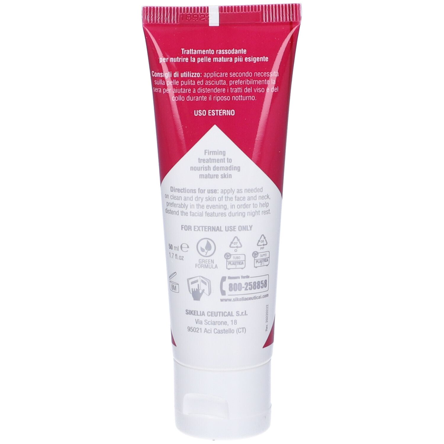Tubo rosso, retro. Testo: Trattamento per nutrire la pelle matura. Solo per uso esterno.