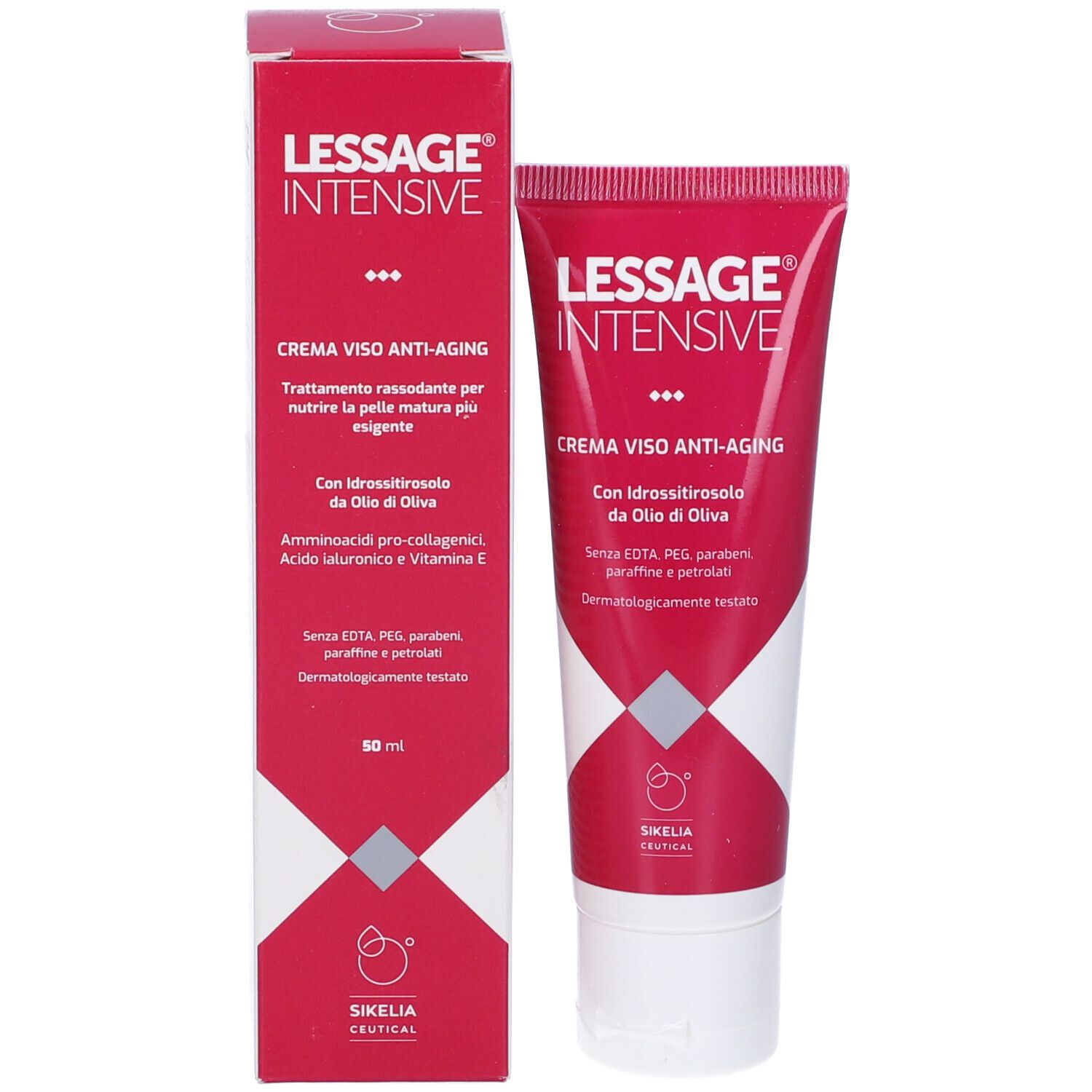 Confezione del prodotto: tubo e scatola. Scritta: Lessage Intensive, Crema viso anti-aging. 50 ml.