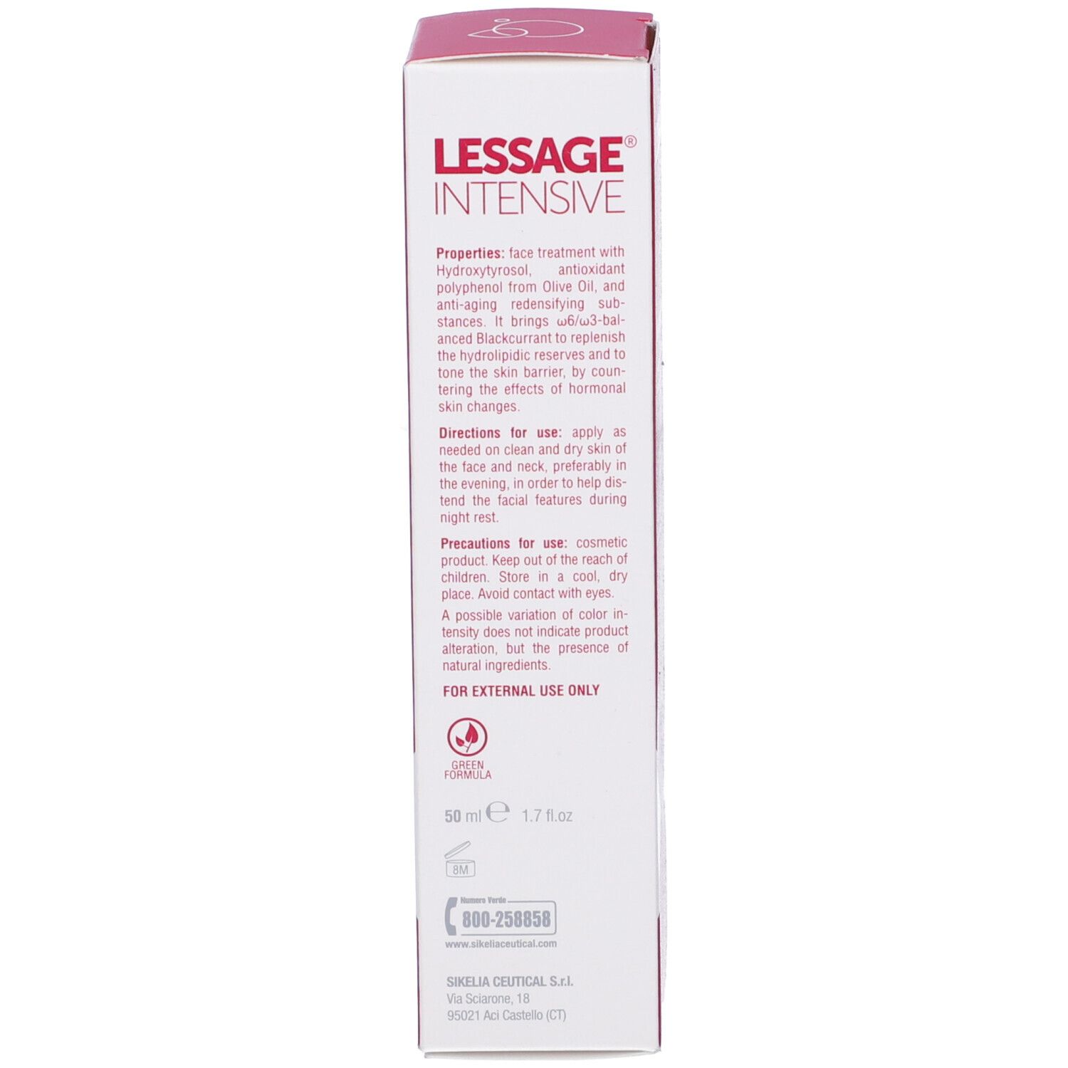 Scatola rossa, retro. Testo: Proprietà, istruzioni per l'uso. Solo per uso esterno. 50 ml.