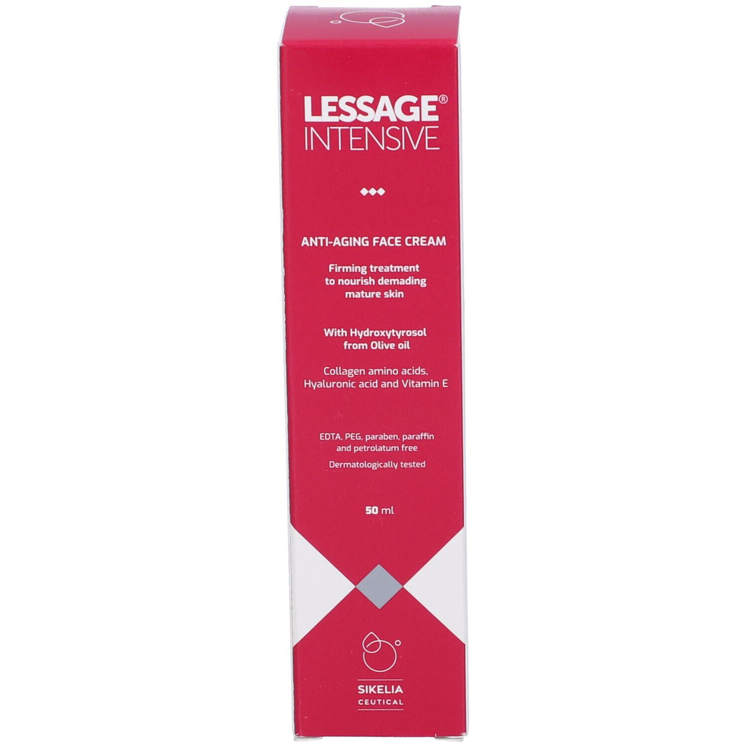 Scatola rossa, lato. Scritta: Lessage Intensive, Crema viso anti-età. 50 ml. Ingredienti.