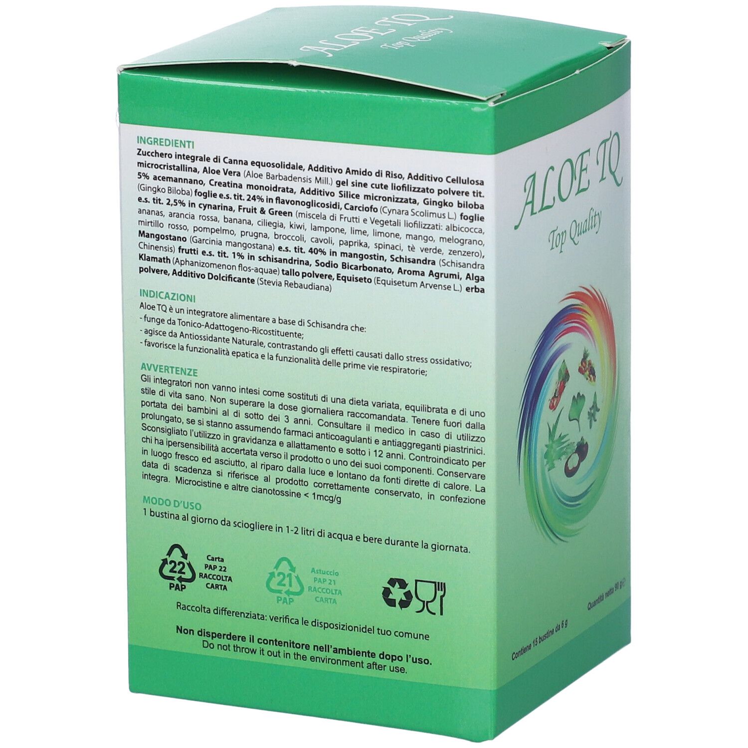 Retro della scatola verde. Testo in italiano. Elenco ingredienti, istruzioni per l'uso e avvertenze.